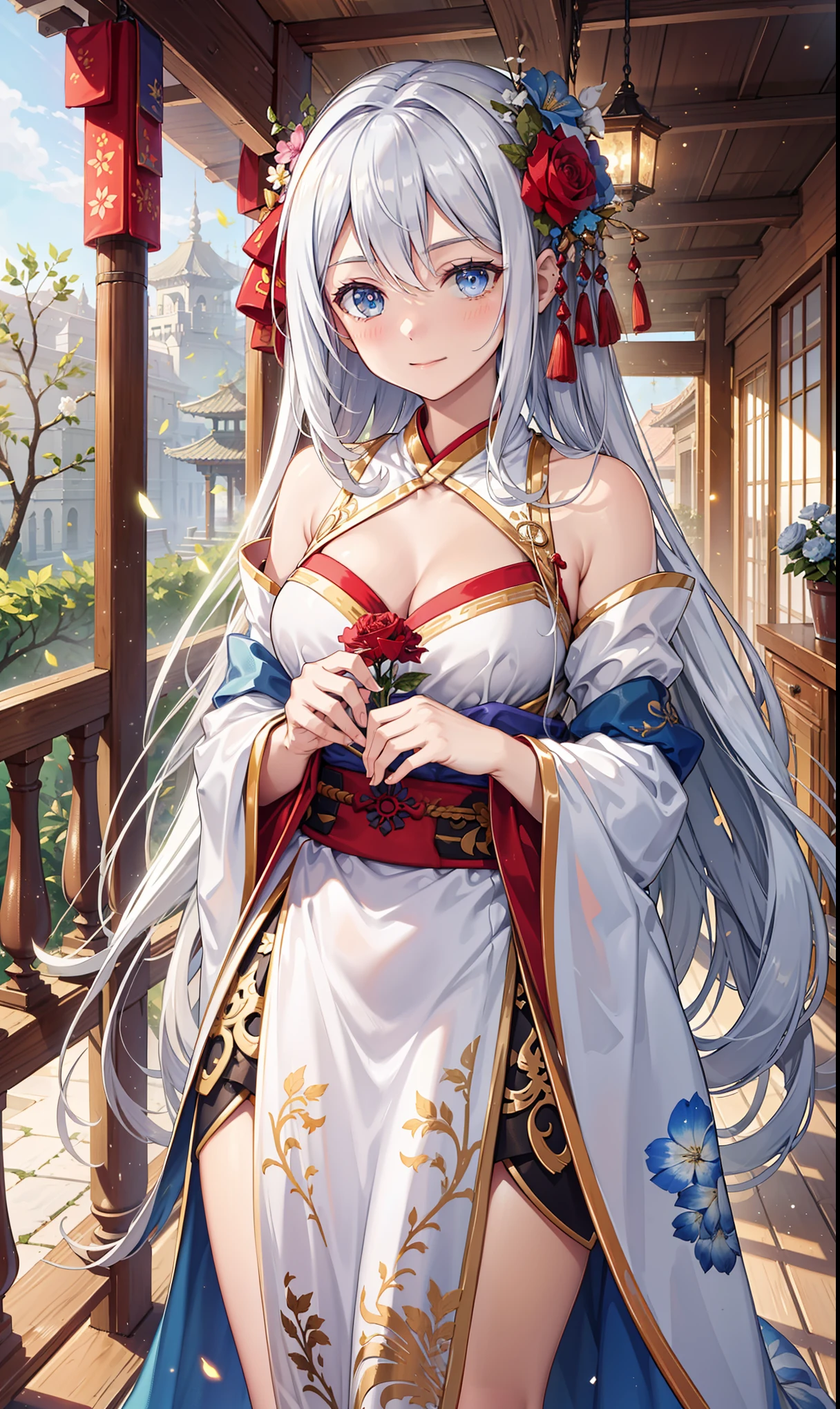 saints，Elegant and charming，Smile，in love，(Transparent colorful Hanfu，Sophisticated and gorgeous design)，black gloves，silver hair，blue eyes，see through transparent clothes，Exquisite hair accessories，Transparent lace，Engraving pattern，dress nicely，The background is an old Chinese palace，Inside the hall，elegant posture，night，Carved suspender boots，Super super details，Divine magic，light particles，Exquisite and beautiful face and eyes