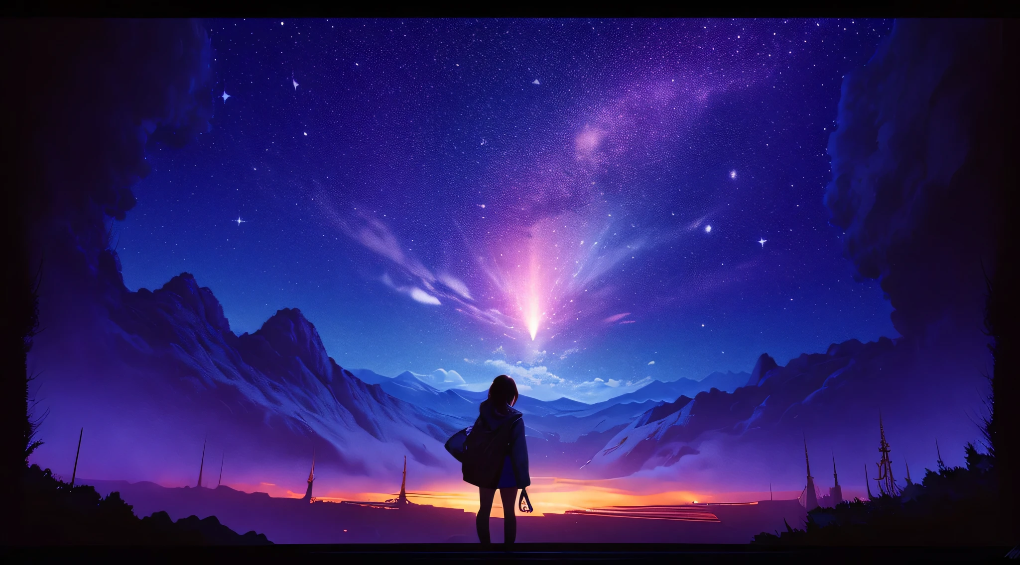 ​masterpiece、Background with((Fantastic starry sky、meteors、black hole))、Depth((Giant Tree、Fantastic、Luminescent、City))、a beauty girl、onepiece、Rear view