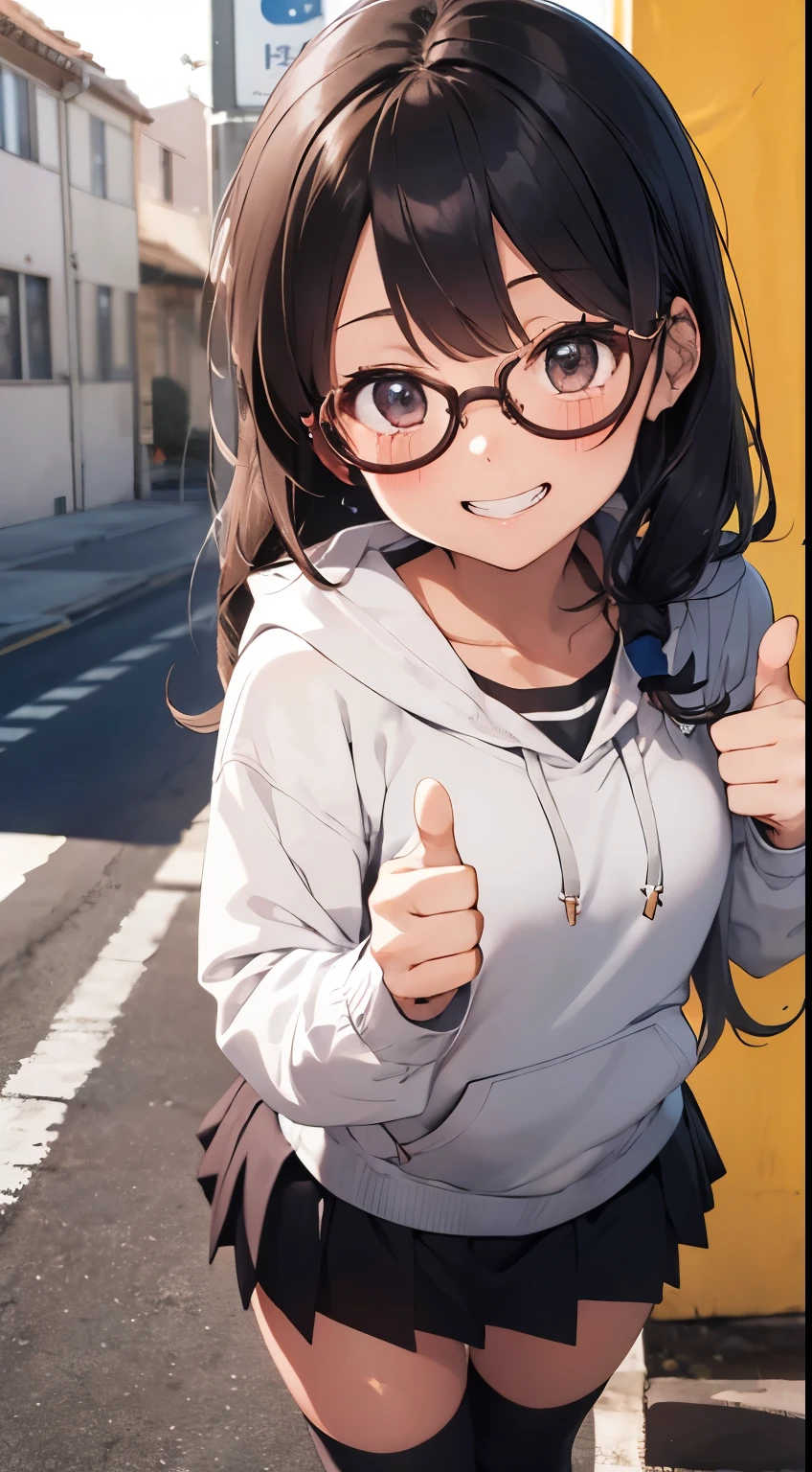 high quality, cute girl, teary eyes glasses, Smile showing teeth, long hair barrette, thumbs up, charming hoodie, Mini skirt, knee length sox, sunny School, Flicker Light Wide Angle
