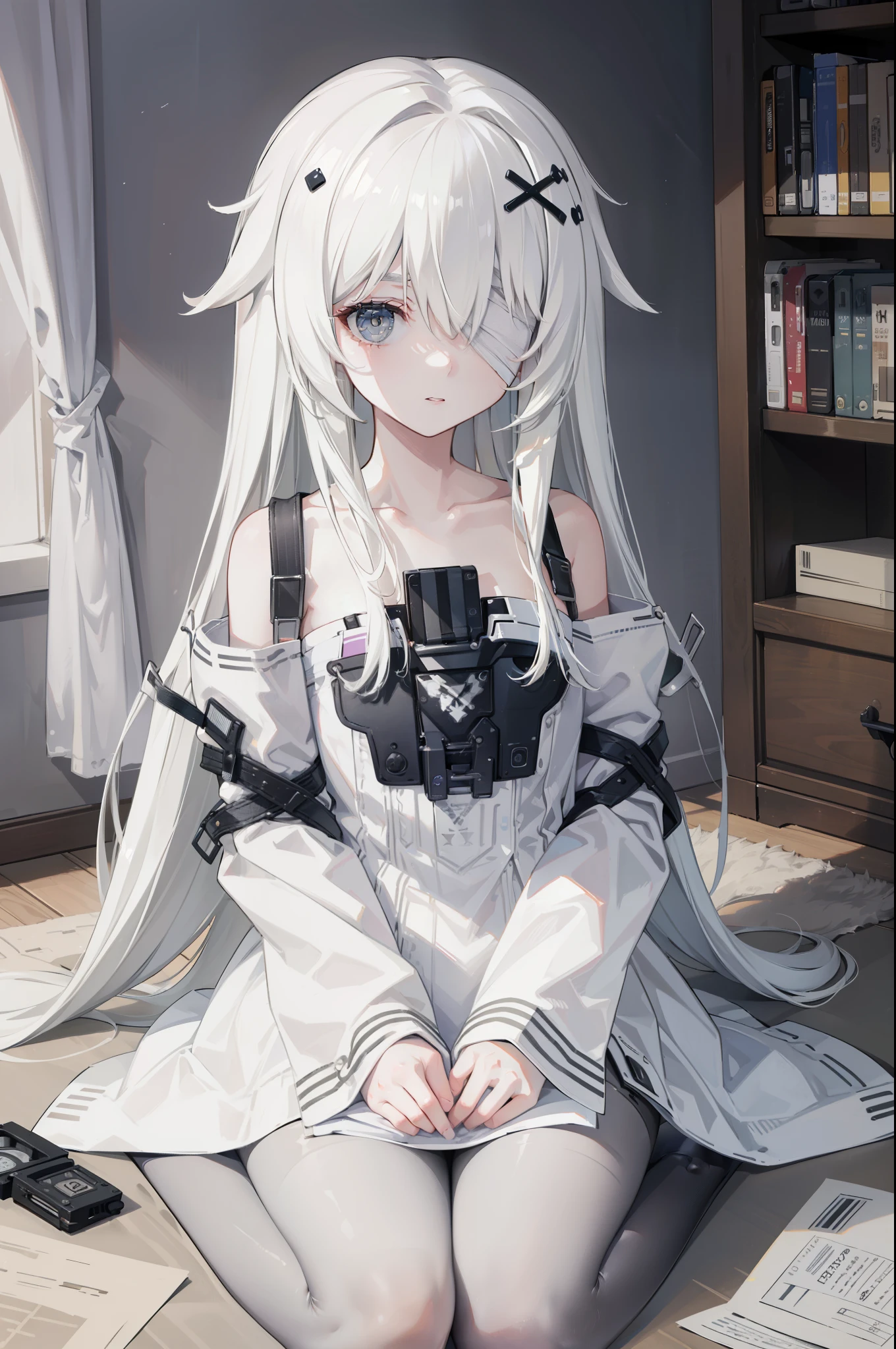 (best quality:1.3), (masterpiece:1.3), (illustration:1.3), (ultra-detailed:1.3), 1girl, solo, white hair, long hair, (((gray eyes, bandage over one eye,))) white dress, suspenders, bare shoulders, detached sleeves, sleeves past fingers, gradient leggings, black pantyhose, hair ornament, x hair ornament, indoors, sitting, close up, from front,