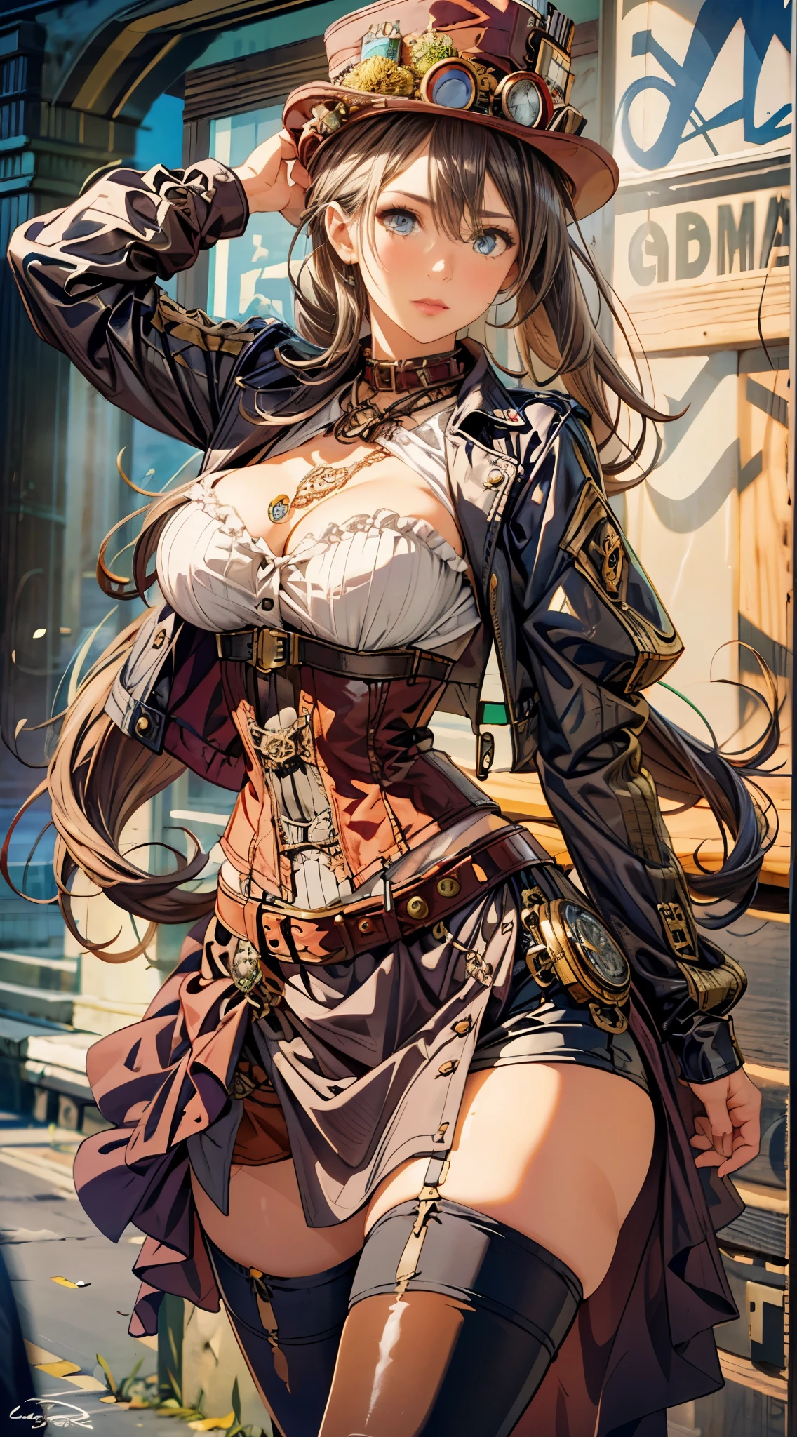 realistic, High resolution, 1 female, hip up, beautiful eyes, long hair, ring-shaped eyes, jewelry, tattoo, skirt, Thighhighs, have, jewelry, boots, belt, lips, zettai ryouiki, thigh boots, corset, top have, steampunk, steampunk_costume