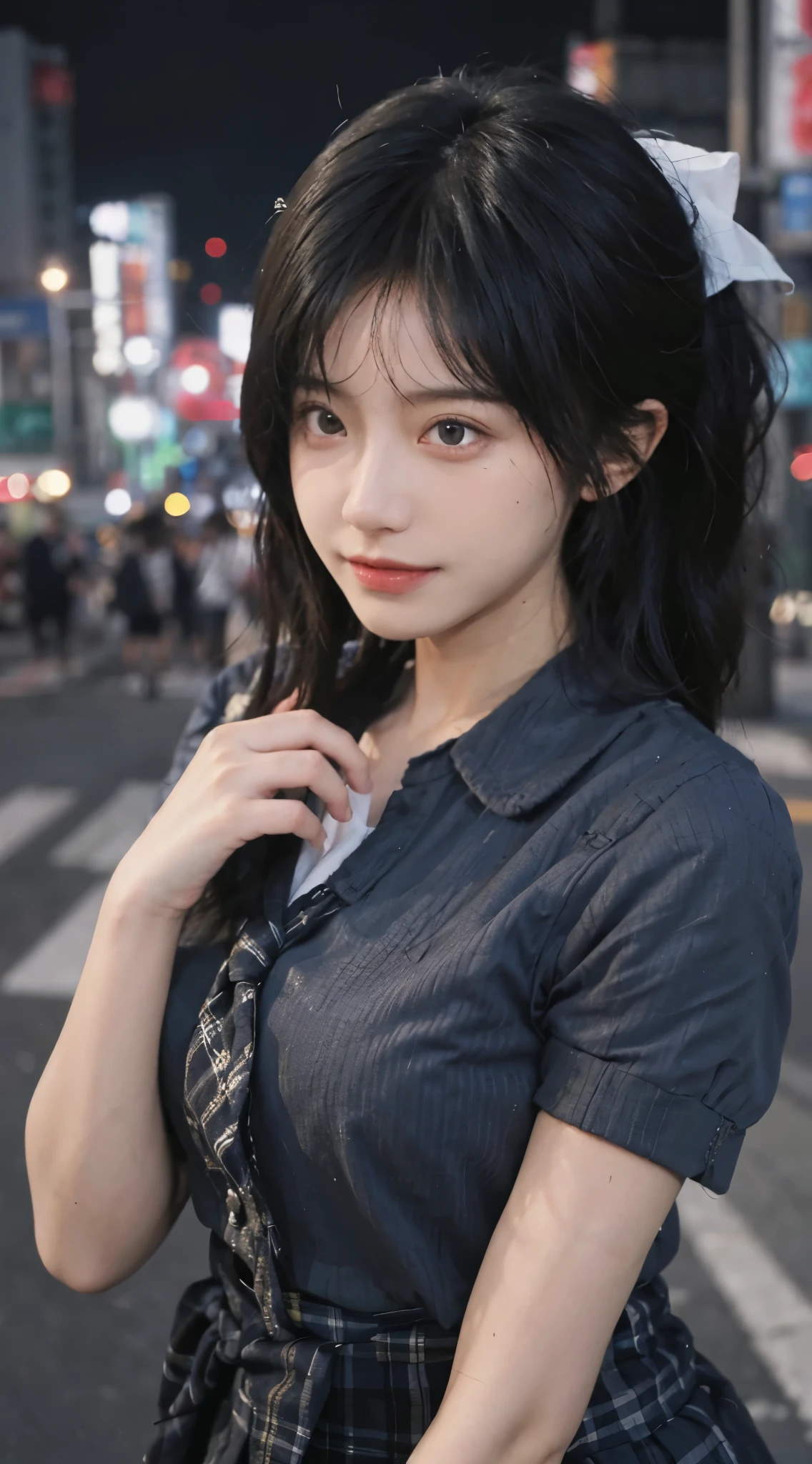 best qualtiy, ultra high resolution, (realisticlying:1.4),(natta),(looking at viewert:1.331),(whaite hair),posing on a,Tokyo Street,nightcityscape,Cyberpunk-city,the soft light,1girll,Extremely beautiful face,chest circumference,putdownhands,random hair style,Random expressions,largeeyes,Alvine,(short- sleeved。JK_shirt), JK_Style, (Dark blue jk_Skirt), (Bow jk_tie), mix4., best qualtiy