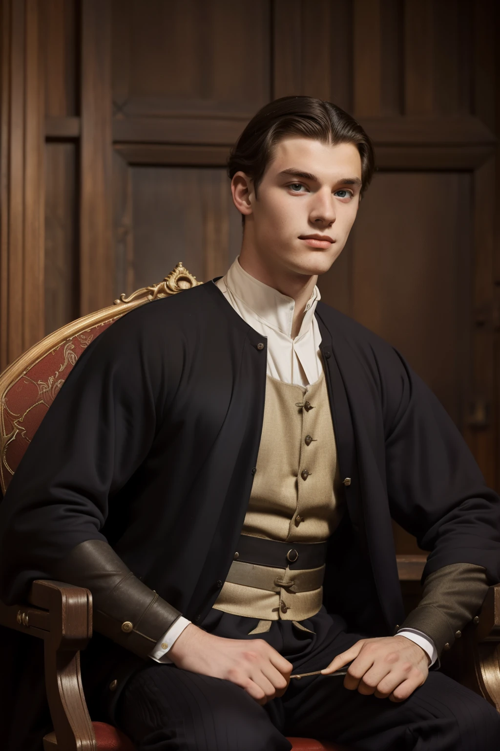 England, 1337. A young ((((20-year-old)) Ralph Fitzgerald)), intense eyes, ambitious, tall, athletic, in his big audience chair, ((smirk)). ((((clothings from the 1300s)))), ((dark hairstyle of the 1300s))