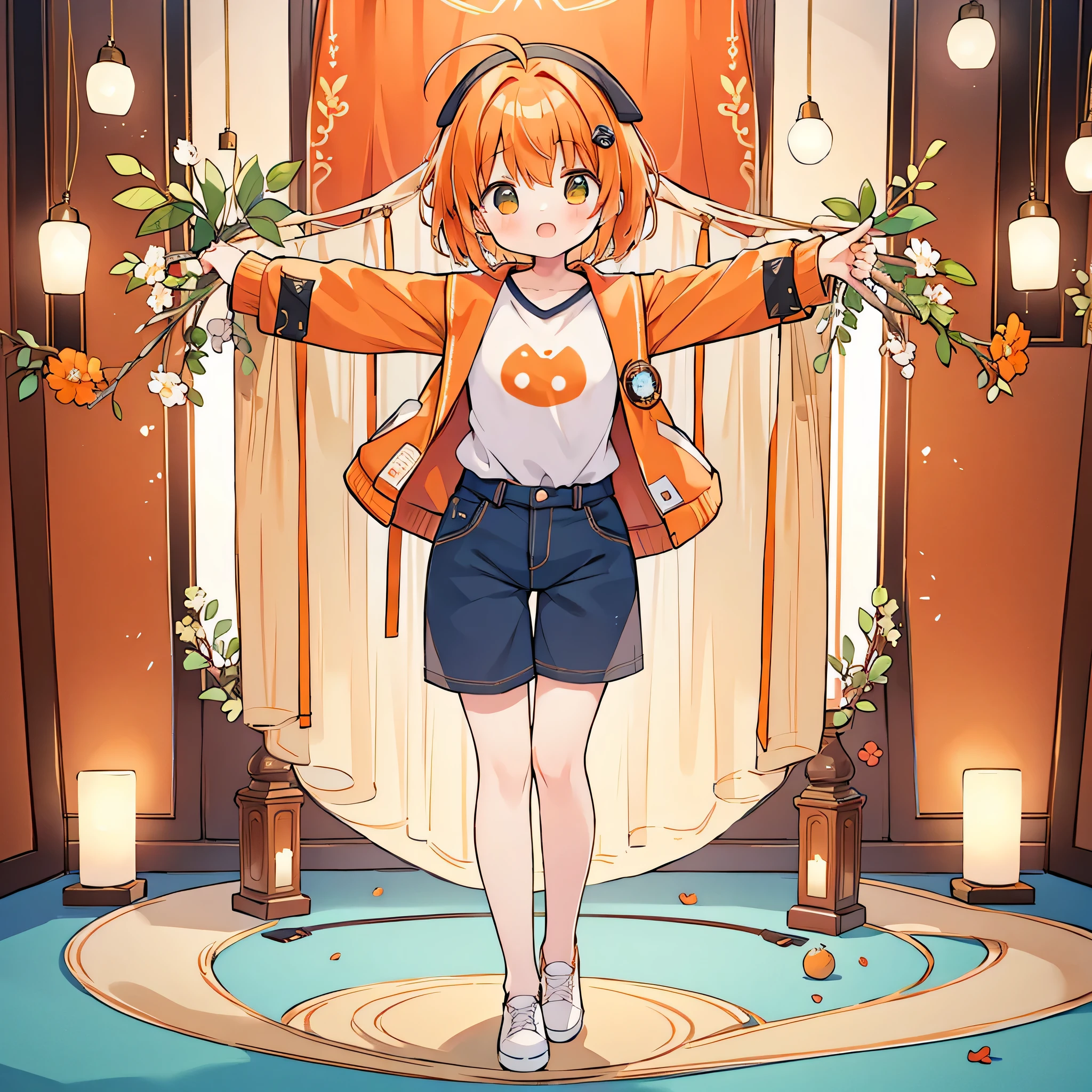 masterpiece, high quality, solo girl, one person, 15 years old, orange hair, short hair, whole body, shorts, Daruma quilt, Idol