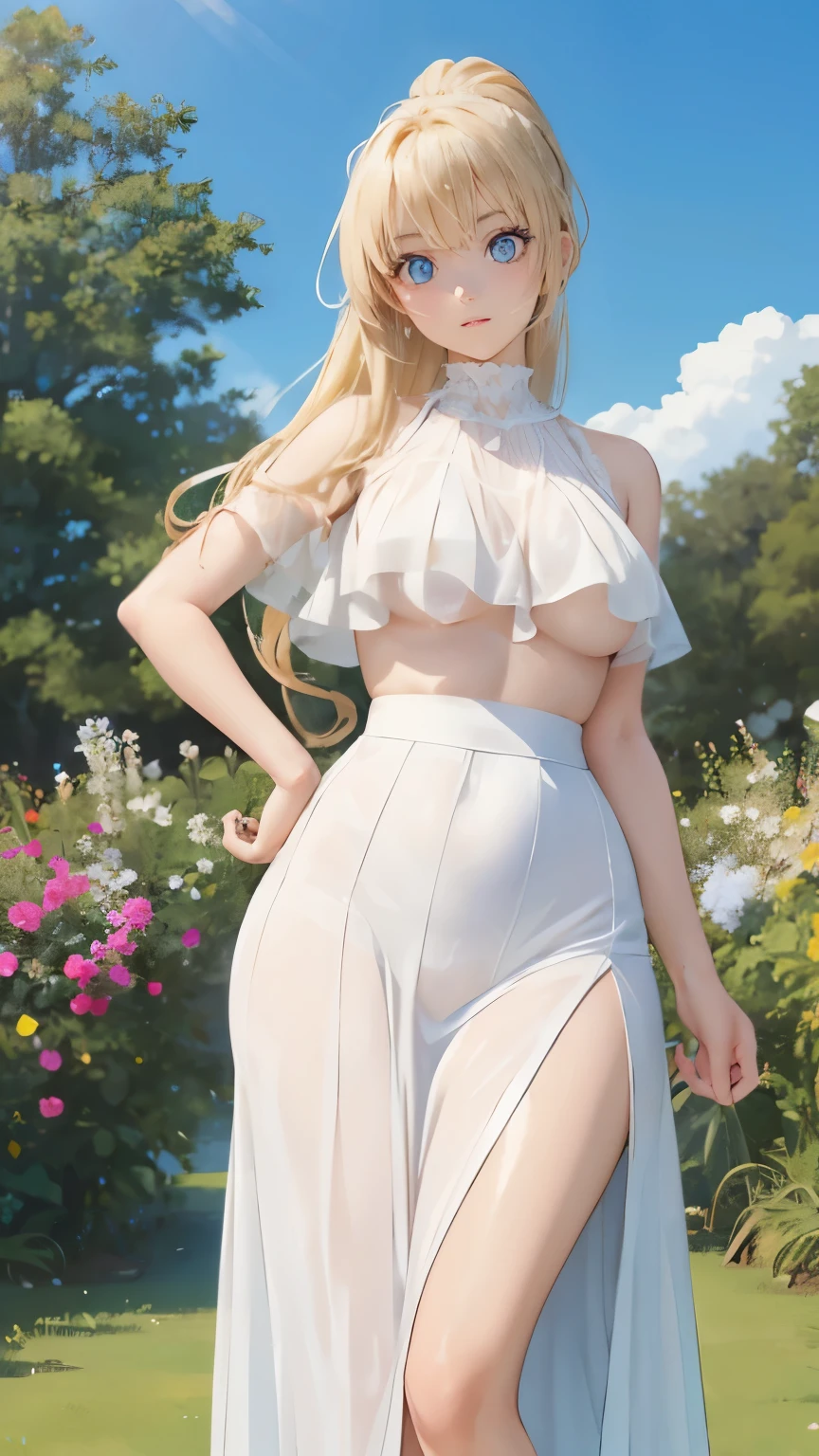 (masterpiece:1.2), (highest quality:1.2),, Curvy but slender body, perfect eyes, perfect face, perfect lighting, 1 girl, in the garden, (blouse),(whole bodyショット),(pink maxi skirt),(ponytail),curly hair, fine clothes, detailed outdoor background, compensate, eye shadow, thick eyelashes, fantasy, looking at the viewer, whole body、blue sky、Bright and very beautiful face、young shiny glossy white shiny skin、the best beauty、the most beautiful bright blonde hair in the world、thin hair、long hair、Shining beautiful bangs、big shining blue eyes、Very beautiful and lovely 18 years old, the most beautiful girl in the world、small breasts