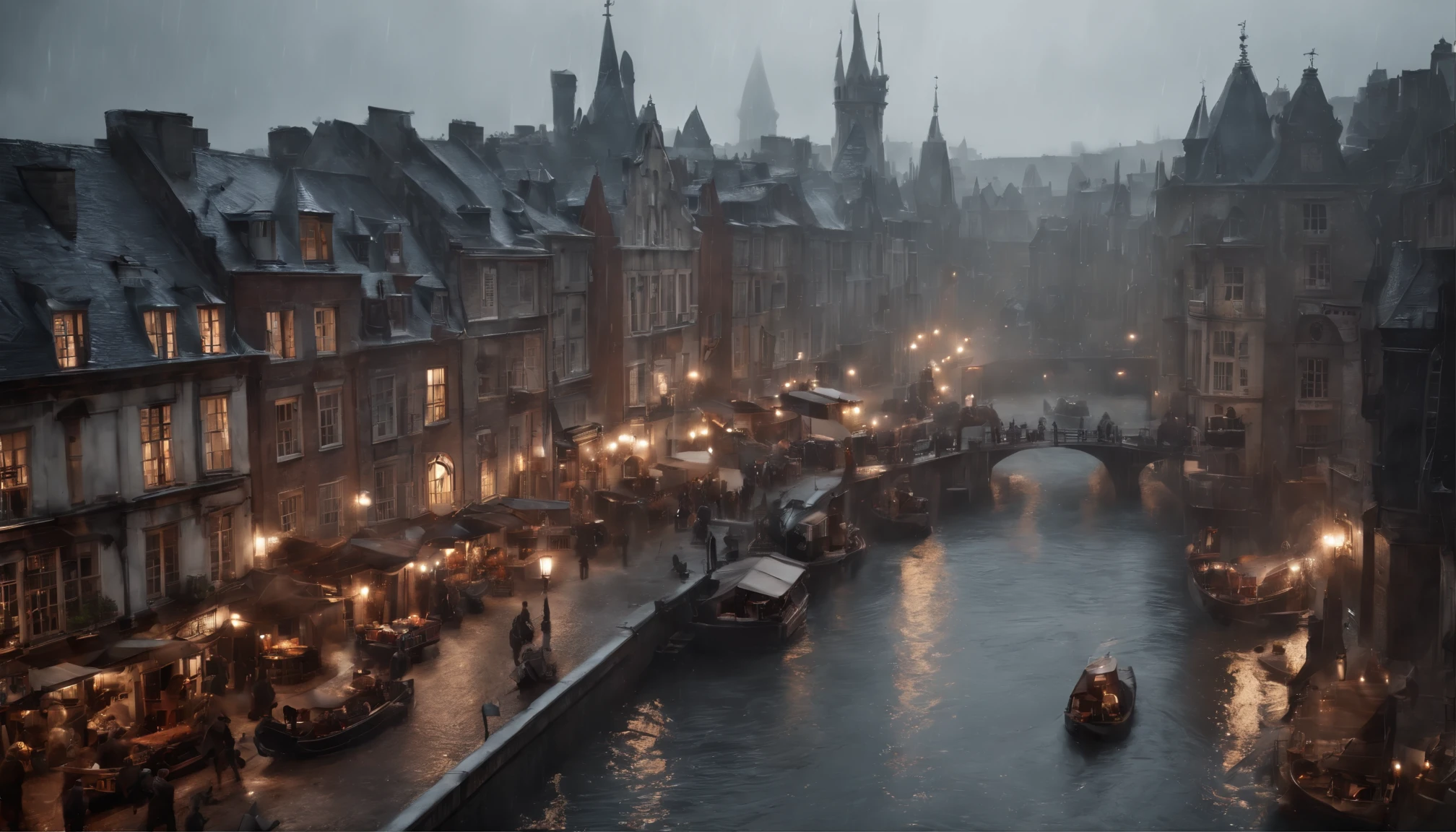((masterpiece)),((best quality)),((high detial)),((realistic,)) Industrial age city, architectural streets, bazaars, Bridges, rainy days, steampunk, European architecture, white, black building with sharp edges
