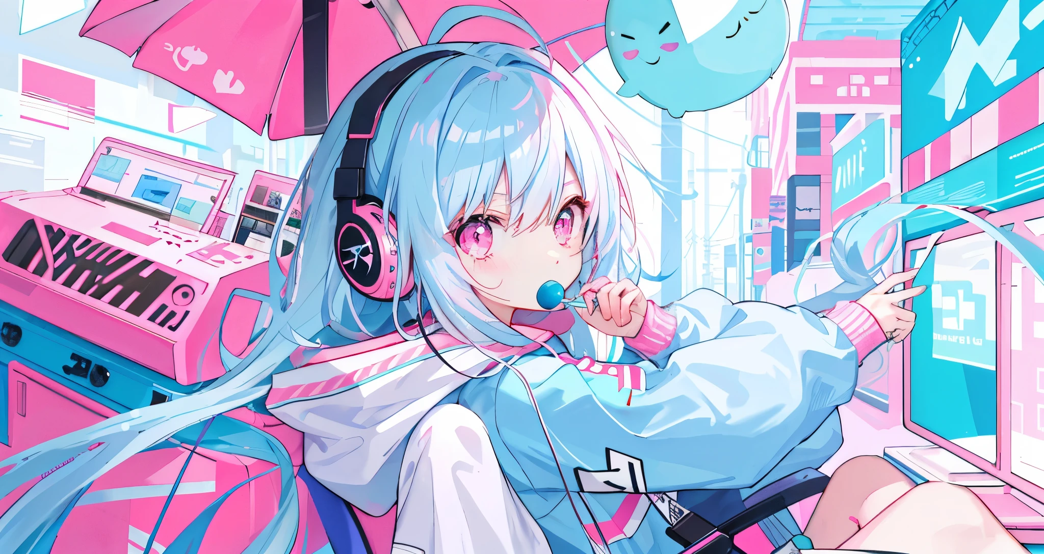 light blue long hair,Pink and white sweatshirt,pink eyes,black headphones,Lollipop in mouth