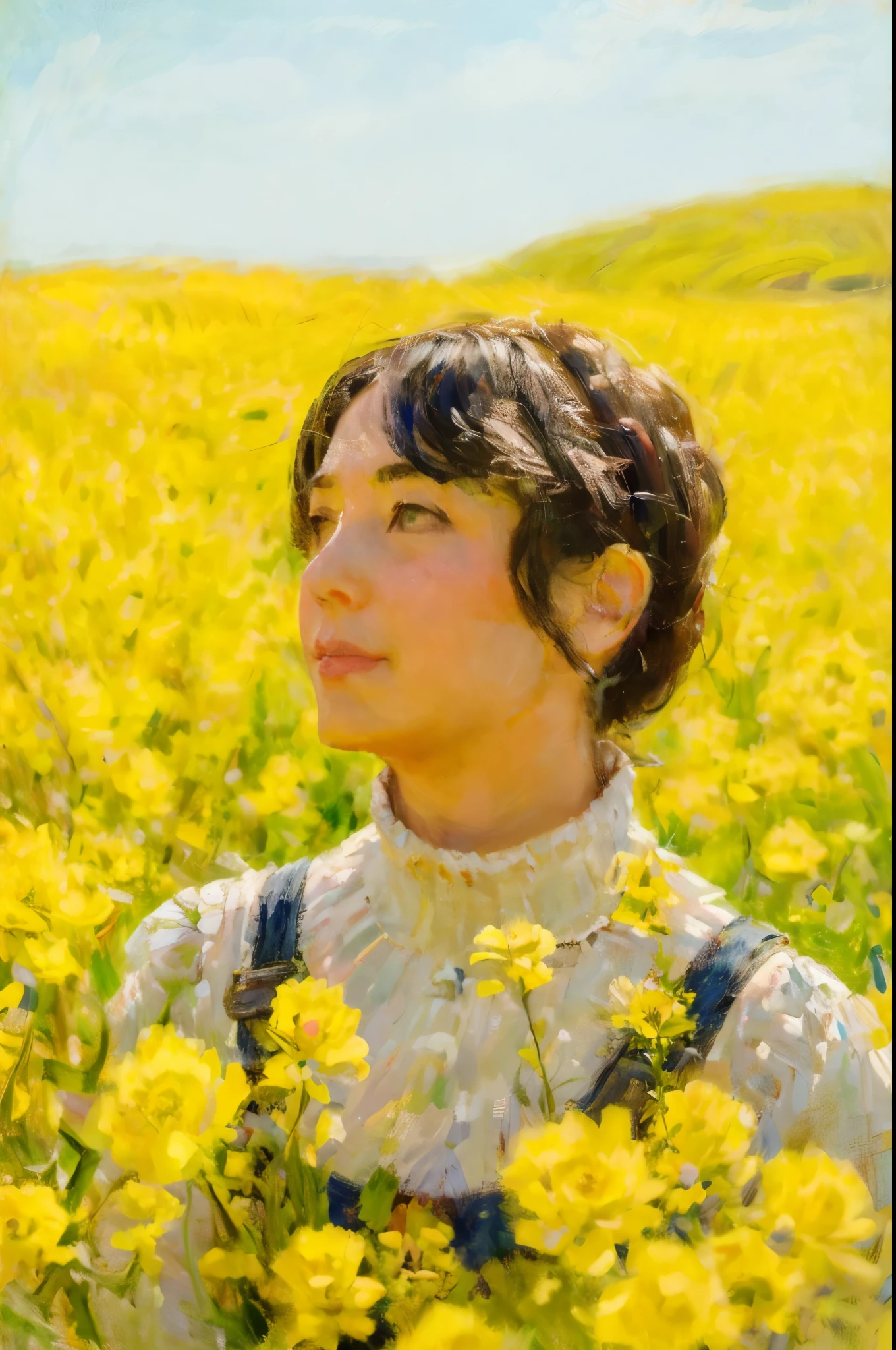 there is a woman standing in a field of yellow flowers, in a field of flowers,masterpiece on canvas in the style of Claude Monet, ClaudeMonet,A middle-aged brunette woman, ssmile, Extremely beautiful, Detailed landscape, Hyper-realistic, Elements of symbolism and surrealism, intricatedesign, Foliage, florals, landscape, pastel colour, Blue details, pink details, The woman looked at the audience, Directly on the camera.