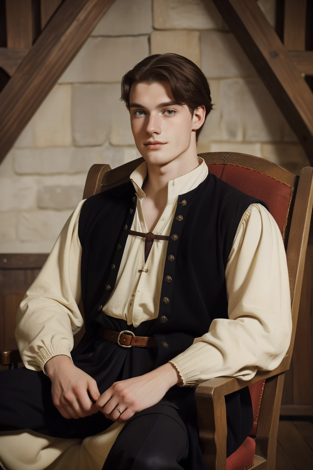England, 1337. A young ((((20-year-old)) Ralph Fitzgerald)), intense eyes, ambitious, tall, athletic, in his big audience chair, ((smirk)). ((((clothings from the 1300s)))), ((dark hairstyle of the 1300s))