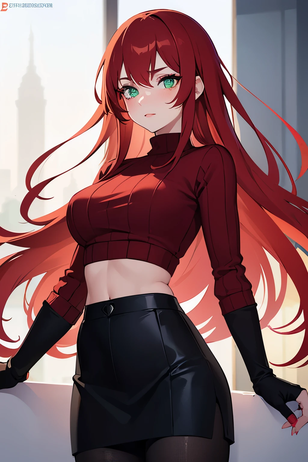 best quality,ultra-detailed,colorful,portrait,girl,long red hair,big bright green eyes,beautiful detailed lips,red sweater crop top,fingerless gloves,black skirt,leggings,vivid colors,soft lighting,flawless skin,subtle blush,delicate freckles,graceful pose,confident expression,artistic background
