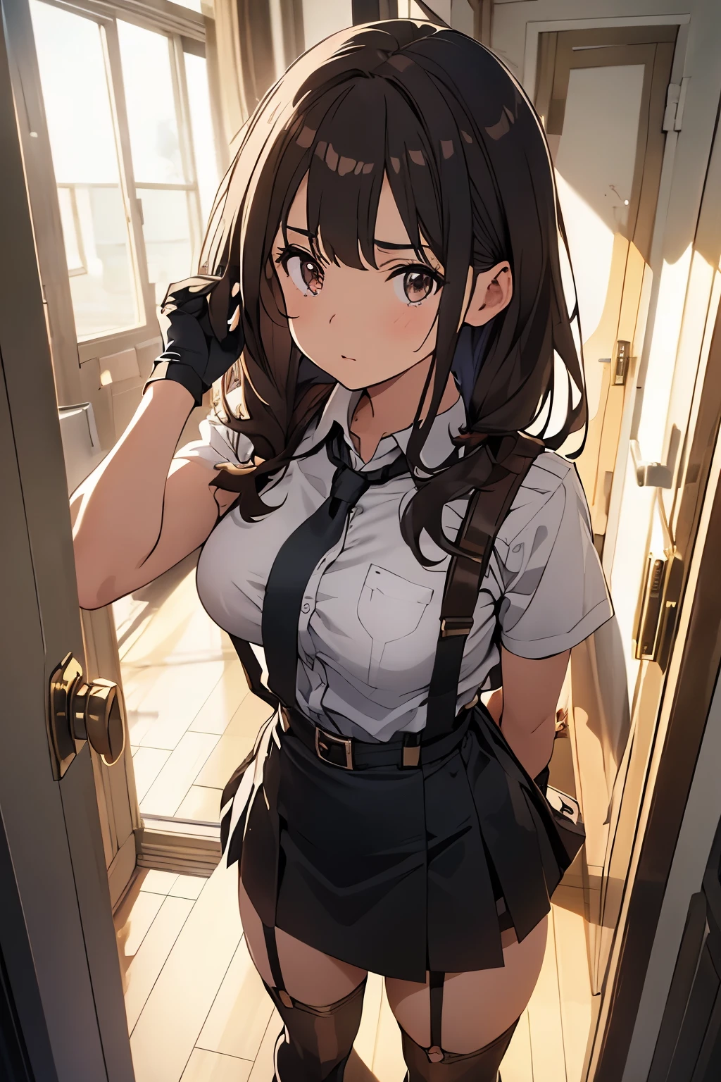 brown hair、looking at the viewer suspenders big swollen breasts black mini skirt garter belt knee high socks Aerial perspective small face bangs Beauty hands up sideways view black boots provocation one person cutter shirt hands behind put your hands behind your back Hands behind your back With your hands behind your back armed holster belt garter bell black gloves with holes