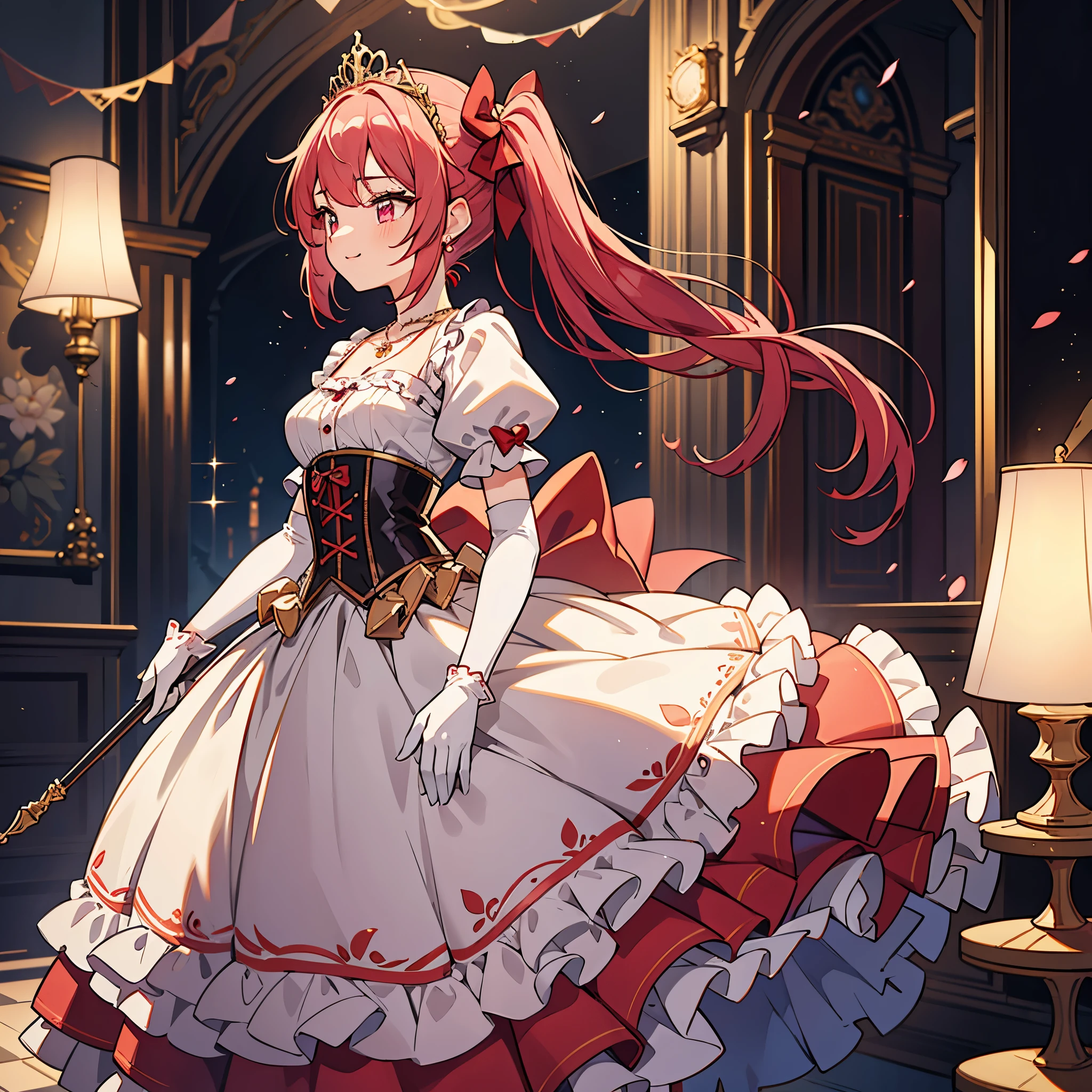 (best quality,4k,8k,highres,masterpiece:1.2),ultra-detailed, Pretty 15 years old princess, drawn in anime style, is cute and happy, long red pigtails hair, pink eyes, small breast, makeup and lipstick, steampunk, red ball gown with puffy sleeves,physically-based rendering,gorgeous dress design,flowing gown,elaborate lace details,rich textures,contrast stitching,delicate ribbon bows,floral accents,full skirt,short sleeves,fitted waistline,lace-up back,luxurious fabrics,flawless silhouette, petticoat, bustle, corset, hair ribbons, white elbow gloves, ruby earrings and necklace, gold tiara, high heels, wielding a fire magic wand, standing in castle bedroom, highly detailed, 4K.