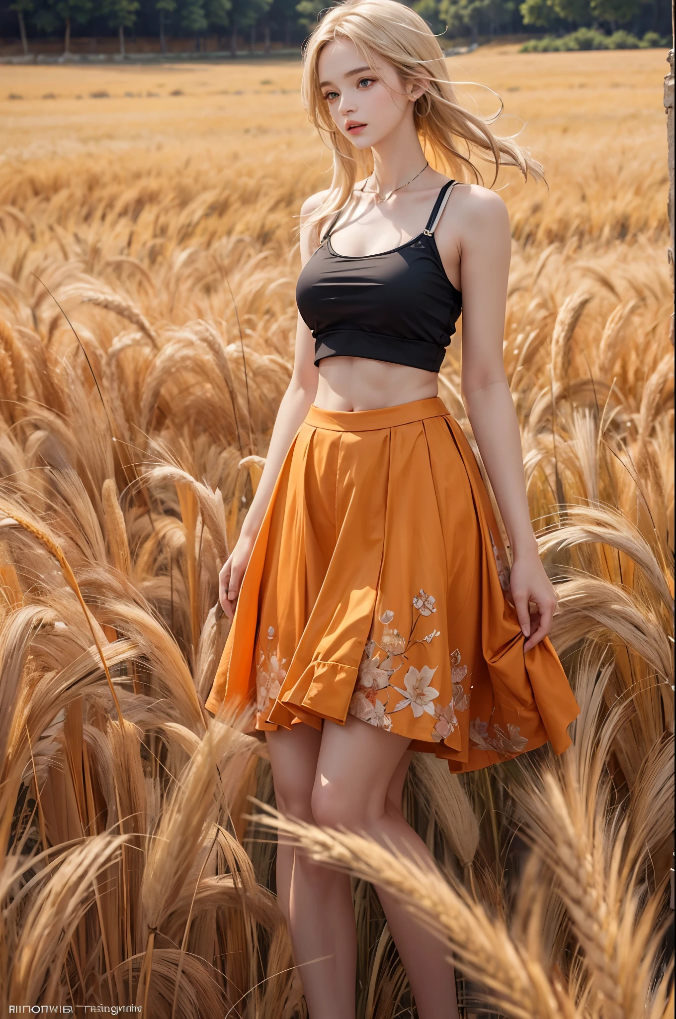 masterpiece, best quality, high quality, High definition, High quality texture, High quality shadow, high detail, beautiful detailed, finely detailed, extremely detailed cg, detailed texture, a realistic representation of the face, realistic, colorful, delicate, sharp focus, (intricate details, makeup, PureErosFace_V1:0.5), (detailed beautiful delicate face, (detailed beautiful delicate eyes), a face of perfect proportion, high detailed skin, detailed skin, best ratio four finger and one thumb, skiny and thin:1.3), 1girl, 17 years old, tall, (smooth_abs:1.55), (abs:0.5), pretty, masterpiece, highres, (long_skinny_legs), (straight_legs), (skinny_waist), (((fair skin))), white skin, (((pale skin))), (Emma_watson), big_breast, (((Caucasian))), Light blonde hair, orange Bandeau, orange short pleated skirt, ((loose fitting clothes, big clothes)), ((crop top)), standing legs apart, looking at viewer, full body, ((showing abdomen)), portrait of cute blonde girl, standing on a wheat field (((looking away))), bloom, orange fog, motion, wispy hair, realism, high-quality rendering, stunning art, high quality, film grain, Fujifilm XT3, dreamy,