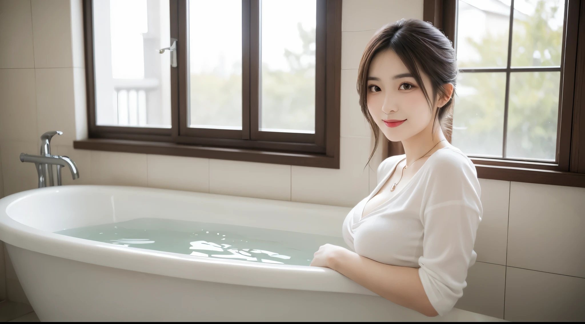 18 years old, cleavage, big breasts, round boobs front ((top quality, 8k, masterpiece: 1.1)) cardigan bathrobe, sitting on the edge of the bathtub Ultra detailed, big eyes, long legs (nose red), (smile: 1.15), (shut up) big boobs sexy flawless Korean fine hands