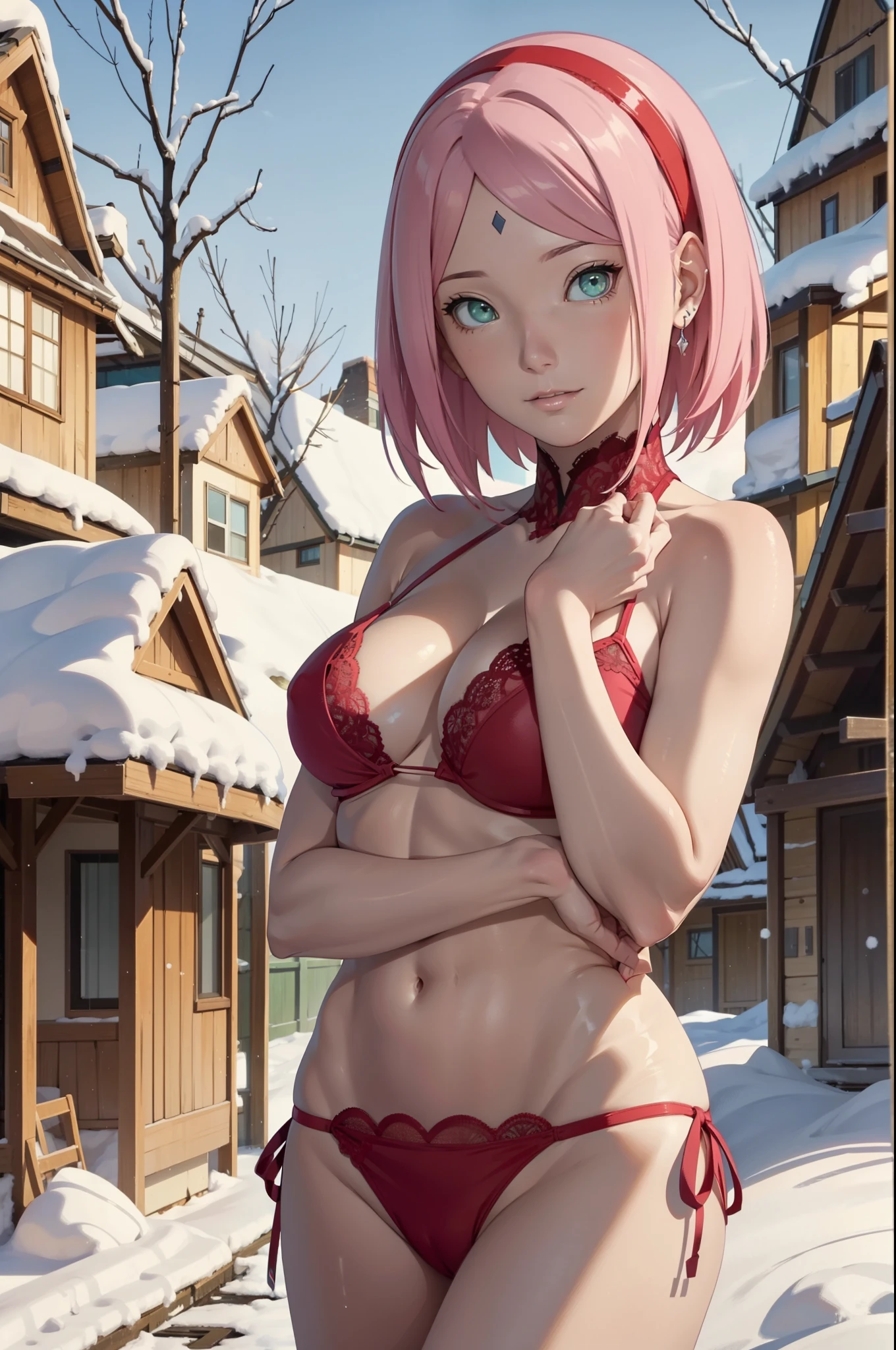 full body, happy,winter village houses background, sensual, sensual look, RTX LIGHTING, incredible quality, depth of field, (masterpiece), best quality, expressive eyes, perfect face, looking at the viewer, haruno sakura, ((lace bikini)), red headband , Forehead scar, short hair, pink hair, green eyes, perfect breasts,