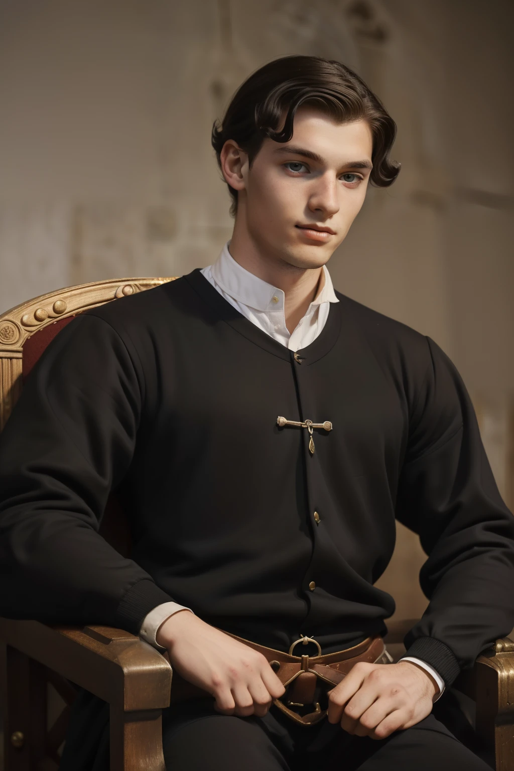 England, 1337. A young ((((20-year-old)) Ralph Fitzgerald)), intense eyes, ambitious, tall, athletic, in his big audience chair, ((smirk)). ((((clothings from the 1300s)))), ((dark hairstyle of the 1300s))