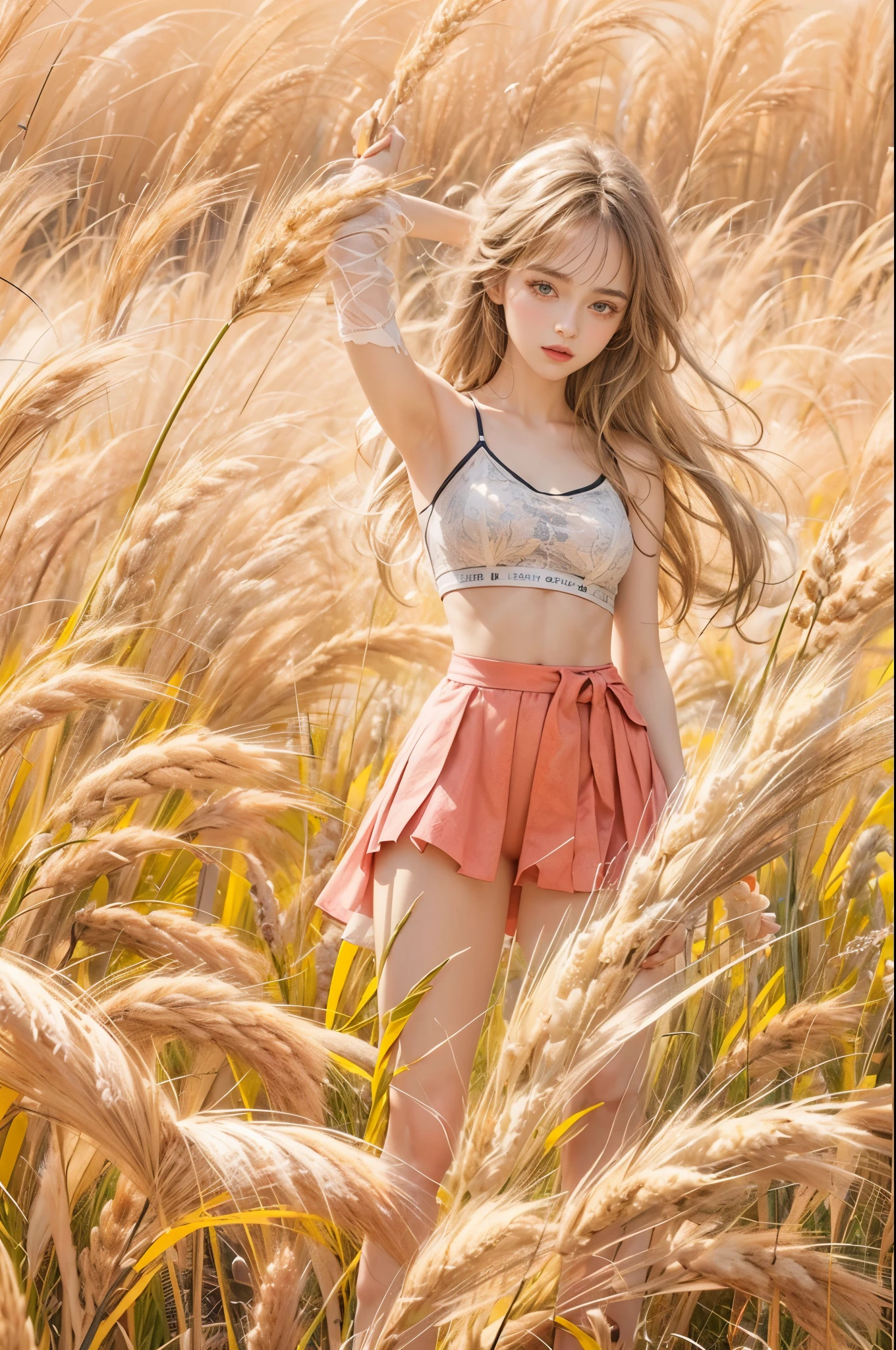 masterpiece, best quality, high quality, High definition, High quality texture, High quality shadow, high detail, beautiful detailed, finely detailed, extremely detailed cg, detailed texture, a realistic representation of the face, realistic, colorful, delicate, sharp focus, (intricate details, makeup, PureErosFace_V1:0.5), (detailed beautiful delicate face, (detailed beautiful delicate eyes), a face of perfect proportion, high detailed skin, detailed skin, best ratio four finger and one thumb, skiny and thin:1.3), 1girl, , tall, (smooth_abs:1.55), (abs:0.5), pretty, masterpiece, highres, (long_skinny_legs), (straight_legs), (skinny_waist), (((fair skin))), white skin, (((pale skin))), (Emma_watson), big_breast, (((Caucasian))), Light blonde hair, orange Bandeau, orange short pleated skirt, ((loose fitting clothes, big clothes)), ((crop top)), standing legs apart, looking at viewer, full body, ((showing abdomen)), portrait of cute blonde girl, standing on a wheat field (((looking away))), bloom, orange fog, motion, wispy hair, realism, high-quality rendering, stunning art, high quality, film grain, Fujifilm XT3, dreamy,
