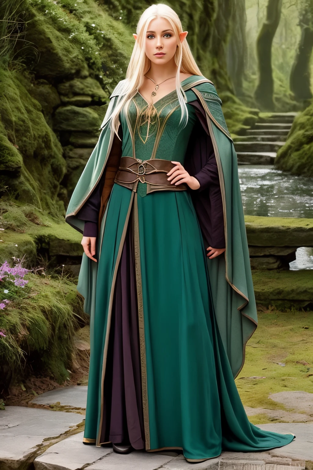 Draw a full body view of a elven mage woman, in lord of the rings world, full covered outfit, beautiful, magical