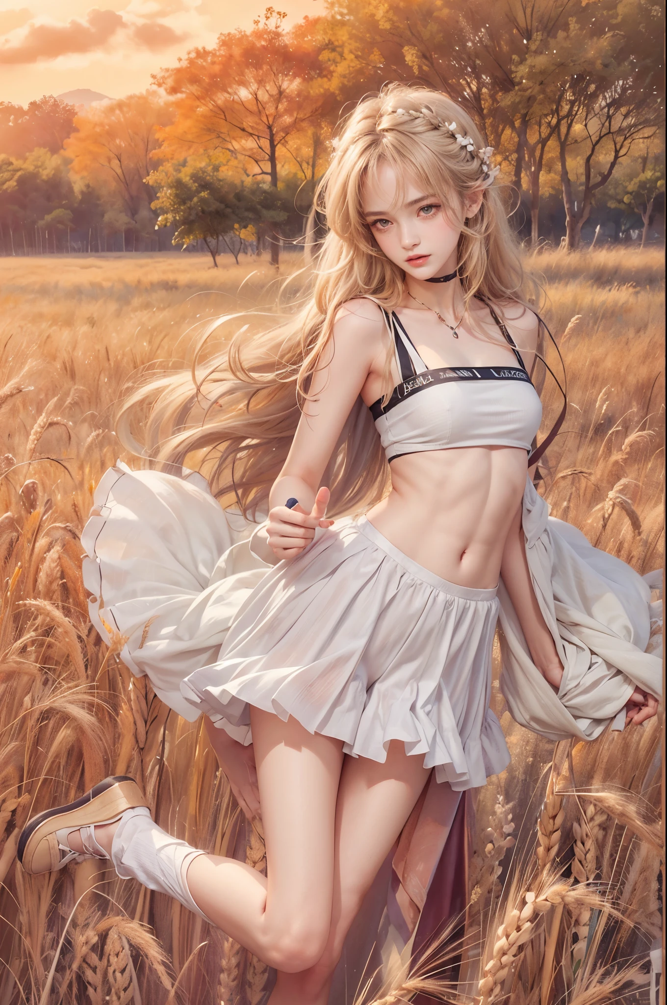 masterpiece, best quality, high quality, High definition, High quality texture, High quality shadow, high detail, beautiful detailed, finely detailed, extremely detailed cg, detailed texture, a realistic representation of the face, realistic, colorful, delicate, sharp focus, (intricate details, makeup, PureErosFace_V1:0.5), (detailed beautiful delicate face, (detailed beautiful delicate eyes), a face of perfect proportion, high detailed skin, detailed skin, best ratio four finger and one thumb, skiny and thin:1.3), 1girl, 17 years old, tall, (smooth_abs:1.55), (abs:0.5), pretty, masterpiece, highres, (long_skinny_legs), (straight_legs), (skinny_waist), (((fair skin))), white skin, (((pale skin))), (Emma_watson), big_breast, (((Caucasian))), Light blonde hair, orange Bandeau, orange short pleated skirt, ((loose fitting clothes, big clothes)), ((crop top)), standing legs apart, looking at viewer, full body, ((showing abdomen)), portrait of cute blonde girl, standing on a wheat field (((looking away))), bloom, orange fog, motion, wispy hair, realism, high-quality rendering, stunning art, high quality, film grain, Fujifilm XT3, dreamy,