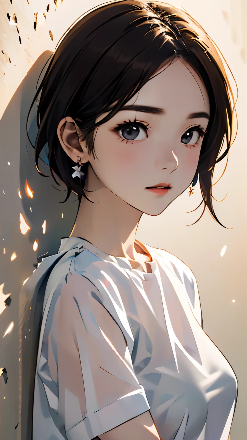 portrait、masterpiece:1.3、one girl、baby face、natural look、very cute、brown hair、short bob、small red earrings、plump lips、no makeup、white t-shirt、focus on the face、最high quality、High resolution、Super detailed、high quality、Detailed details、８ｋ、(((blurred background、white wall、white background、White world、flower illustration、flower illustrationの壁、壁にflower illustration、flower illustrationが描いてある壁、Photo studio:1.5、cinematic lighting、professional photographer)))