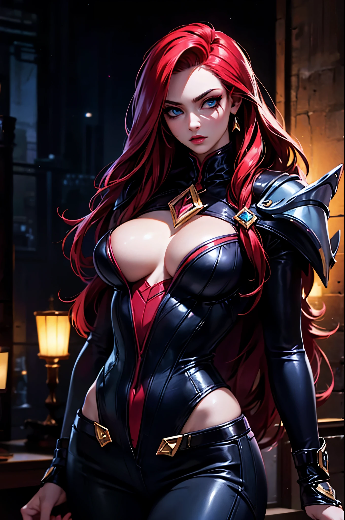 (Masterpiece, best quality, rich detail, realism: 1.3), (28 years old) (ulzzang-6500-v1.1:0.7), 1girl, upper body, (hips, sexy body, beautiful: 1.3), ((wearing vayne from league of legends clothes)), (vayne from league of legends), (vampire hunter), (demon hunter), (sexy leather clothes), ((absurdres)), (masterpiece 1.3), (incredibly detailed), (highres:1.1), (high detailed skin:1.4), (high quality lighting), (skin texture), (UHD), (64K), (studio lighting), (photorealistic), (hyper realistic), (symmetric face), (unreal engine), (bokeh), (high resolution scan), (professional photograph), ((stunning handsome woman)), , ((stoic)), ((stern looking)), ((symmetrical eyes)), , (blue cat eyes), (blood red hair), (Long red hair), (1woman), (solo), (dark atmosphere), (sensual poses), (night landscape)
