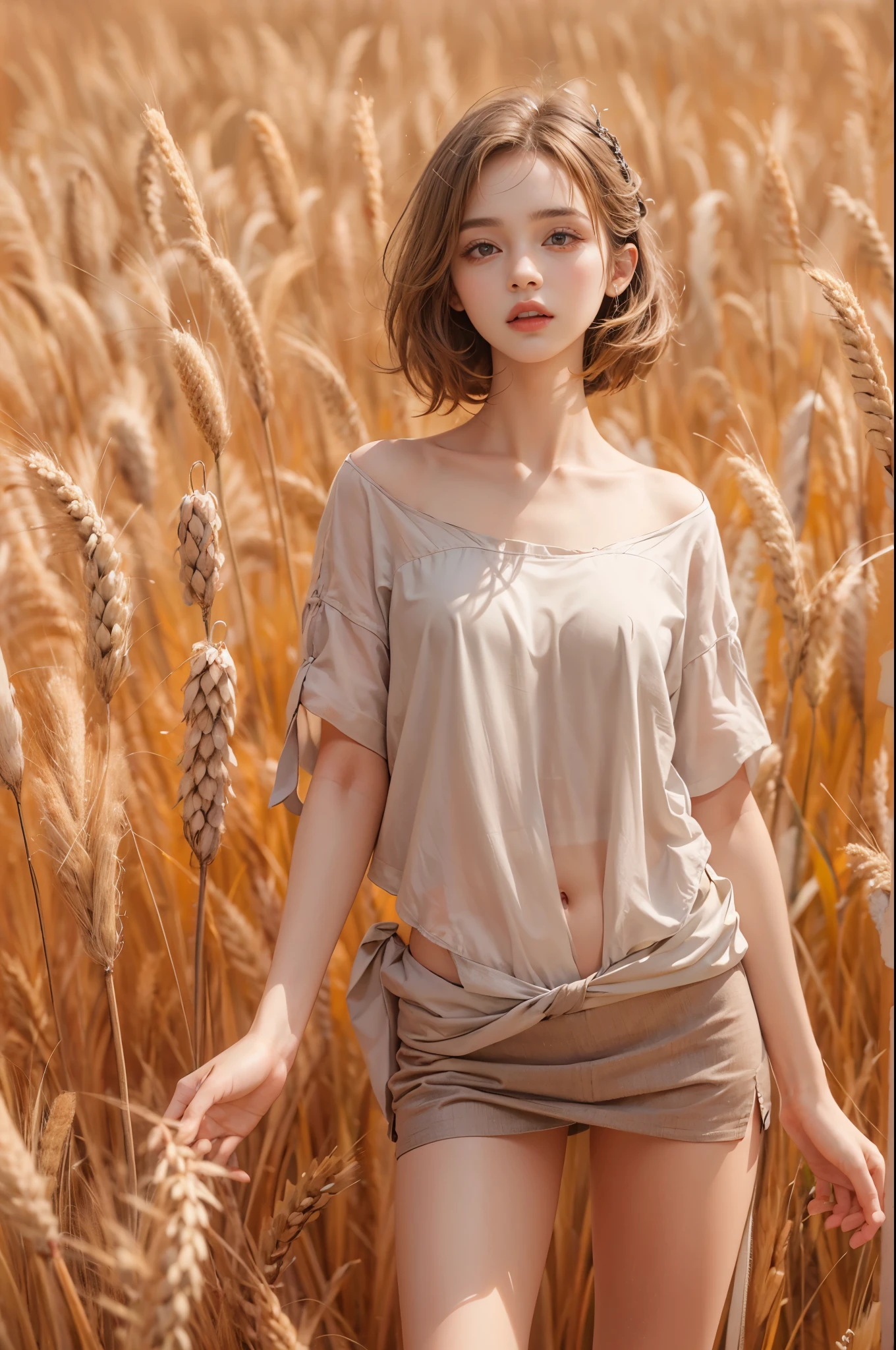 masterpiece, best quality, high quality, High definition, High quality texture, High quality shadow, high detail, beautiful detailed, finely detailed, extremely detailed cg, detailed texture, a realistic representation of the face, realistic, colorful, delicate, sharp focus, (intricate details, makeup, PureErosFace_V1:0.5), (detailed beautiful delicate face, (detailed beautiful delicate eyes), a face of perfect proportion, high detailed skin, detailed skin, best ratio four finger and one thumb, skiny and thin:1.3), 1girl, 17 years old, tall, (smooth_abs:1.55), (abs:0.5), pretty, masterpiece, highres, (long_skinny_legs), (straight_legs), (skinny_waist), (((fair skin))), white skin, (((pale skin))), (Emma_watson), big_breast, (((Caucasian))), Light blonde hair, orange Bandeau, orange short pleated skirt, ((loose fitting clothes, big clothes)), ((crop top)), standing legs apart, looking at viewer, full body, ((showing abdomen)), portrait of cute blonde girl, standing on a wheat field (((looking away))), bloom, orange fog, motion, wispy hair, realism, high-quality rendering, stunning art, high quality, film grain, Fujifilm XT3, dreamy,