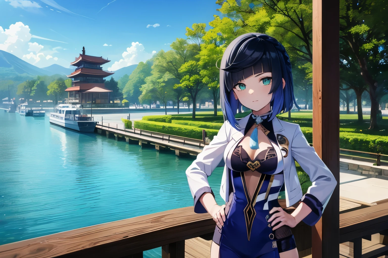YelanV4, harbor, chinese culture, yelan, genshin impact, anime screenshot, stands, hands on hips, wearing white jacket, medium breast