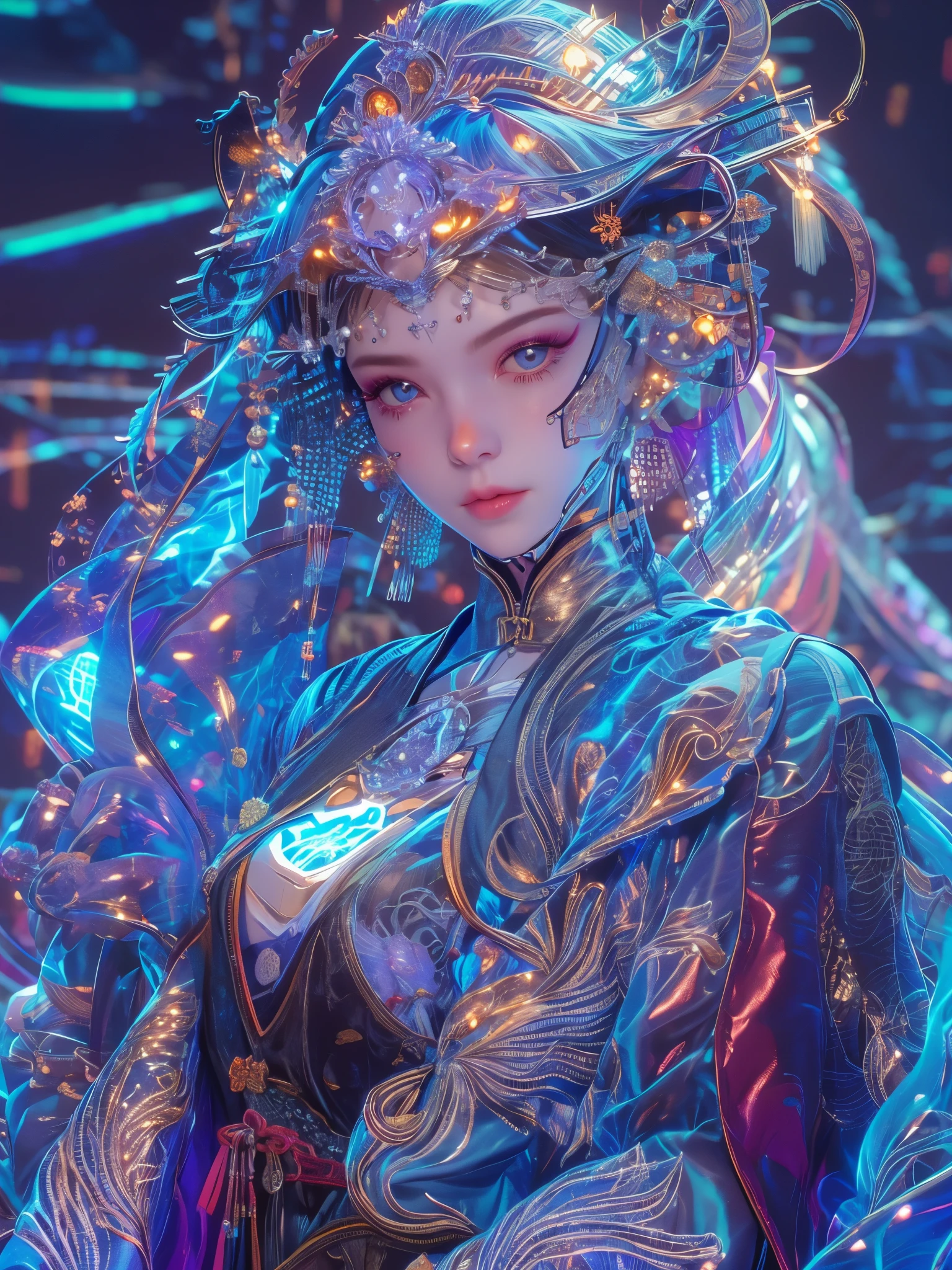 colorful,neon lights, Cyberpunk beauty ,1girl ,artist name ,bangs, blue eyes, closed mouth ,earrings ,eyelashes ,face, glowing ,gradient, gradient background ,hair ornament ,hair stick ,halo ,jewelry ,lips ,long hair, looking at viewer ,makeup ,mascara, portrait ,simple background ,solo, tassel ,upper body ,cyberpunk ,3d, neon light ,Bagua ,Tai Chi ,future technology, glow, glow effect ,high detail, best quality ,Tang Dynasty clothing ,hanfu ,Hua Dan of ******* Opera 