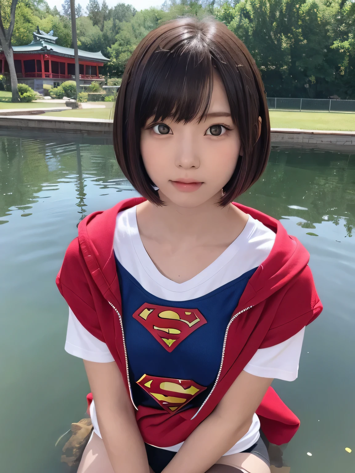  squats in a pond wearing Supergirl clothes.、Be patient with peeing、Spreading black hair、bob cut with trimmed ends、(flat chest)、lolicon、Highest、short sleeve、red cloak、(whole body)、embarrassing、10 years old、
break, extrransparency, (symmetrical eyes:1.3),
break, (temple, bell:1.3),
break, (masterpiece, Highest品質, Super detailed, 8k)