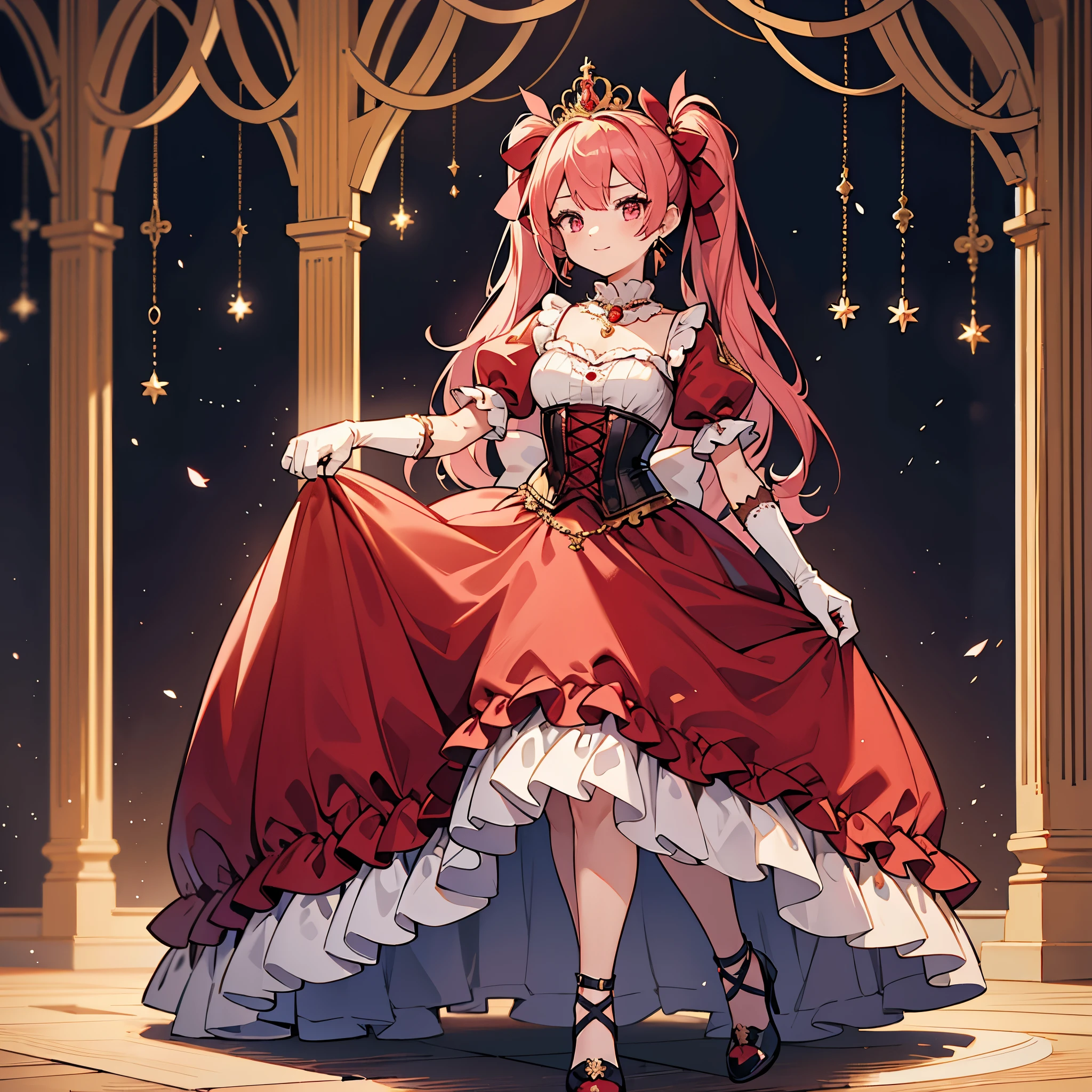 (best quality,4k,8k,highres,masterpiece:1.2),ultra-detailed, Pretty 15 years old princess, drawn in anime style, is cute and happy, long red pigtails hair, pink eyes, small breast, makeup and lipstick, steampunk, red ball gown with puffy sleeves,physically-based rendering,gorgeous dress design,flowing gown,elaborate lace details,rich textures,contrast stitching,delicate ribbon bows,floral accents,full skirt,short sleeves,fitted waistline,lace-up back,luxurious fabrics,flawless silhouette, petticoat, bustle, corset, hair ribbons, white elbow gloves, ruby earrings and necklace, gold tiara, high heels, wielding a fire magic wand, standing in castle bedroom, highly detailed, 4K.