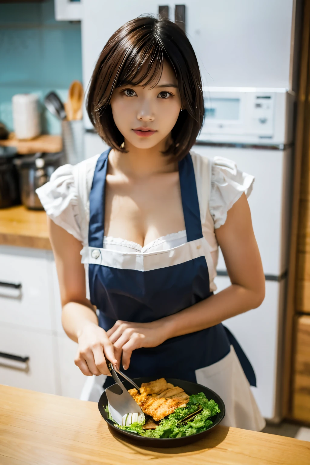 Woman wearing an apron preparing food in the kitchen with wooden countertop, gorgeous maid, white waist apron and undershirt, wearing a maid outfit, wearing an apron, Yoshitomo Nara, japanese model, Another close up of Iwakura, sakimichan hdri, mayuri shiina, Photographed with canon 5d mk4, ( waitress ) girl,hairstyle is very short,Breast size is about G cup,