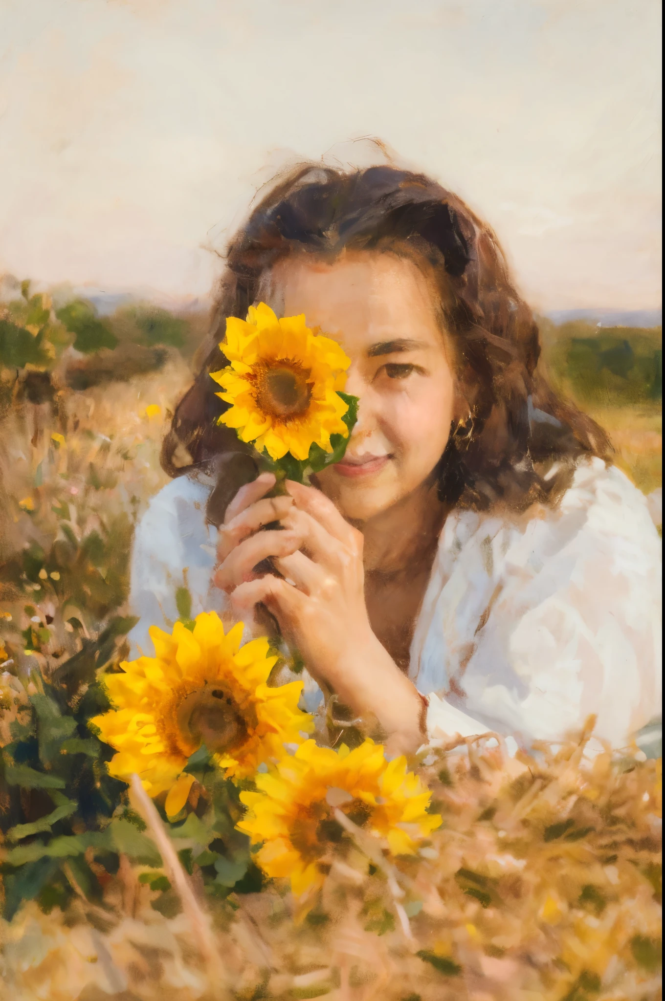 there is a woman laying on a hay field with a bunch of sunflowers,masterpiece on canvas in the style of Claude Monet, ClaudeMonet,A middle-aged brunette woman, ssmile, Extremely beautiful, Detailed landscape, Hyper-realistic, Elements of symbolism and surrealism, intricatedesign, Foliage, florals, landscape, pastel colour, Blue details, pink details, The woman looked at the audience, Directly on the camera.