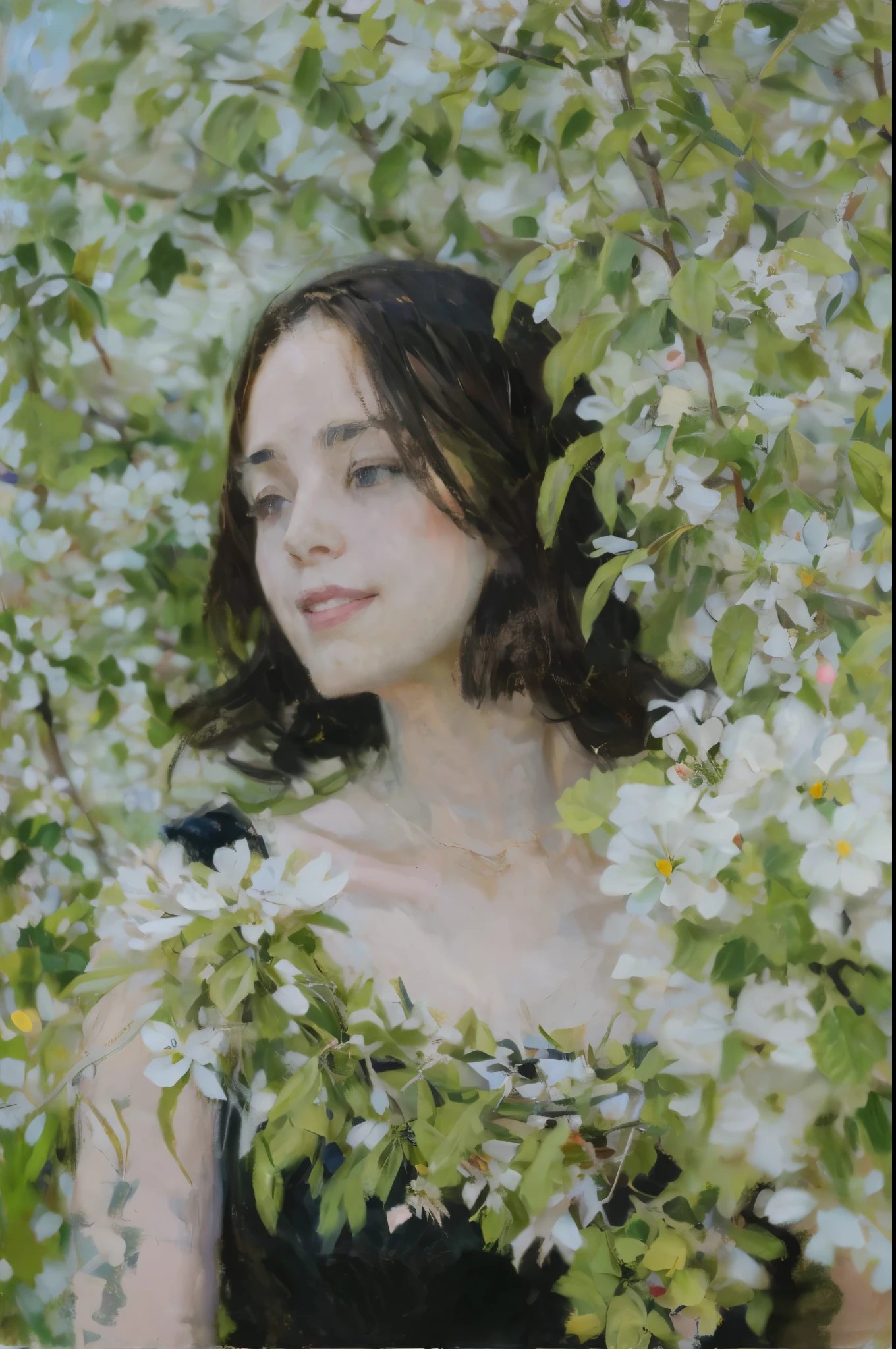 there is a woman that is standing in a tree with flowers,masterpiece on canvas in the style of Claude Monet, ClaudeMonet,A middle-aged brunette woman, ssmile, Extremely beautiful, Detailed landscape, Hyper-realistic, Elements of symbolism and surrealism, intricatedesign, Foliage, florals, landscape, pastel colour, Blue details, pink details, The woman looked at the audience, Directly on the camera.