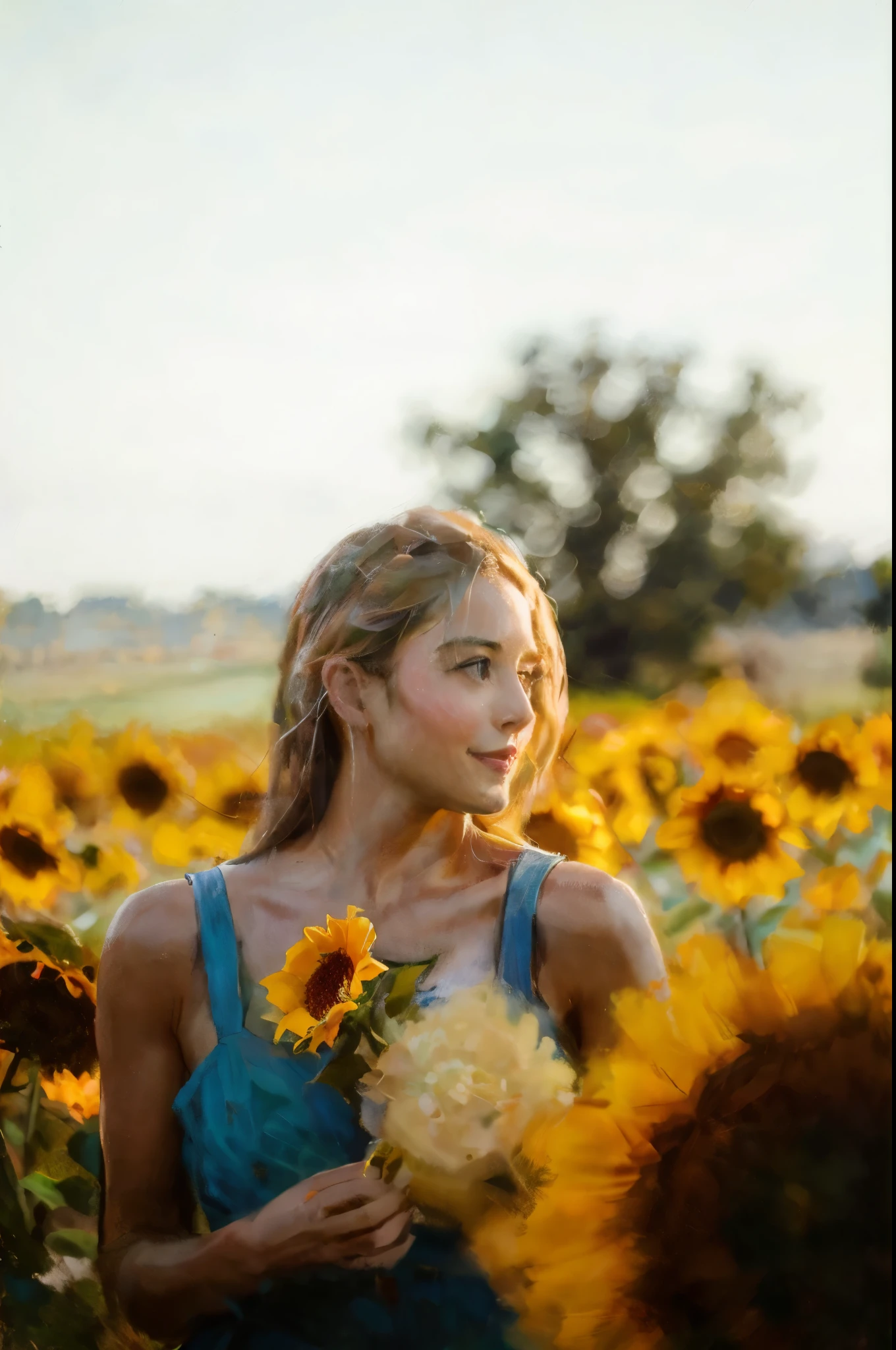 there is a woman standing in a field of sunflowers,masterpiece on canvas in the style of Claude Monet, ClaudeMonet,A middle-aged brunette woman, ssmile, Extremely beautiful, Detailed landscape, Hyper-realistic, Elements of symbolism and surrealism, intricatedesign, Foliage, florals, landscape, pastel colour, Blue details, pink details, The woman looked at the audience, Directly on the camera.