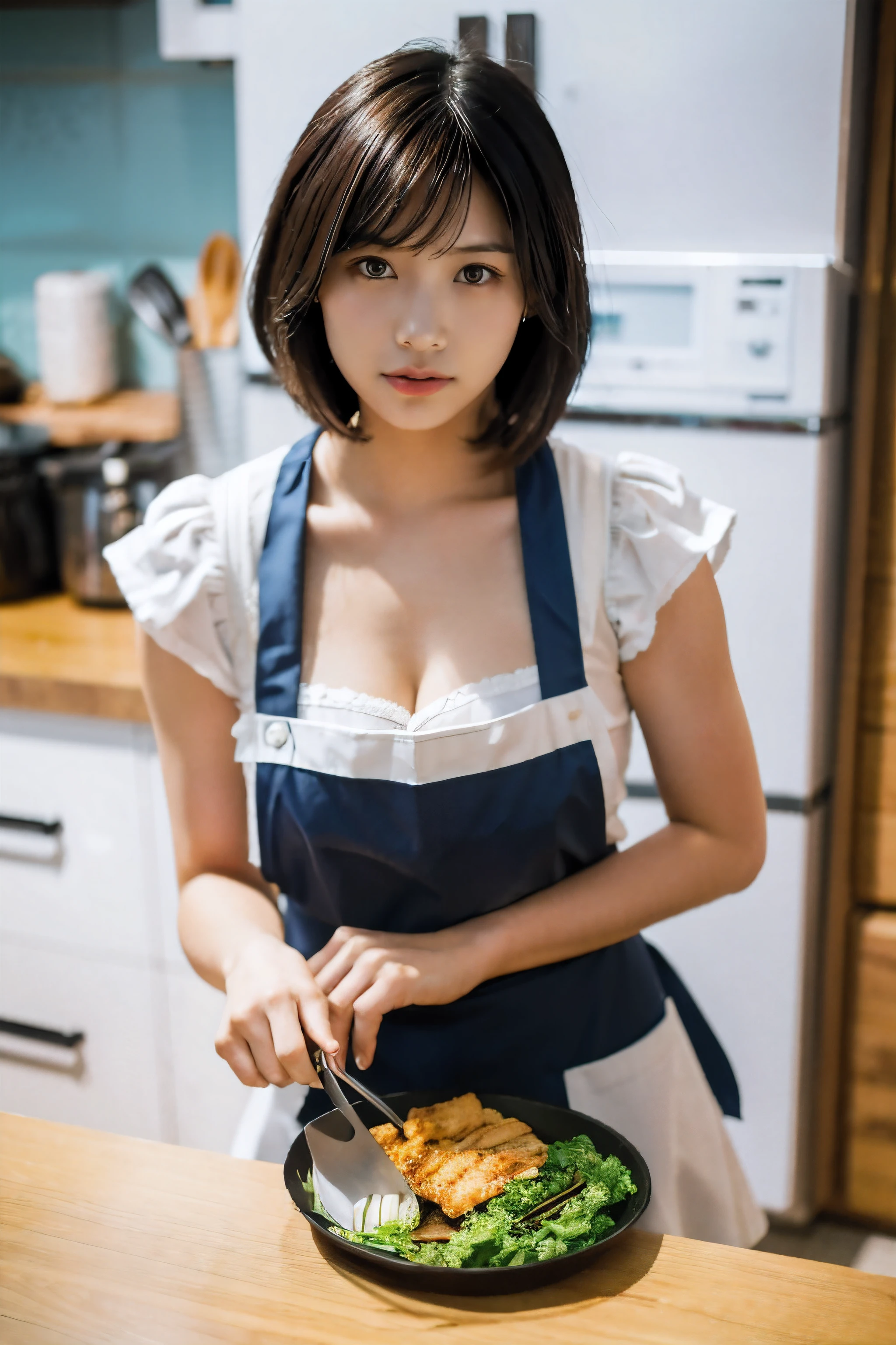 Close-up portrait of a playful maid, short hair, 18yo, lotus pattern, lotus leaves, naked under large apron, flat chest, small breasts, stunning figure, distinct female features, kitchen, [gray blonde | ginger | pink hair], freckles, flirting with camera, (downblouse), (leaning forward), (provocative face expression)