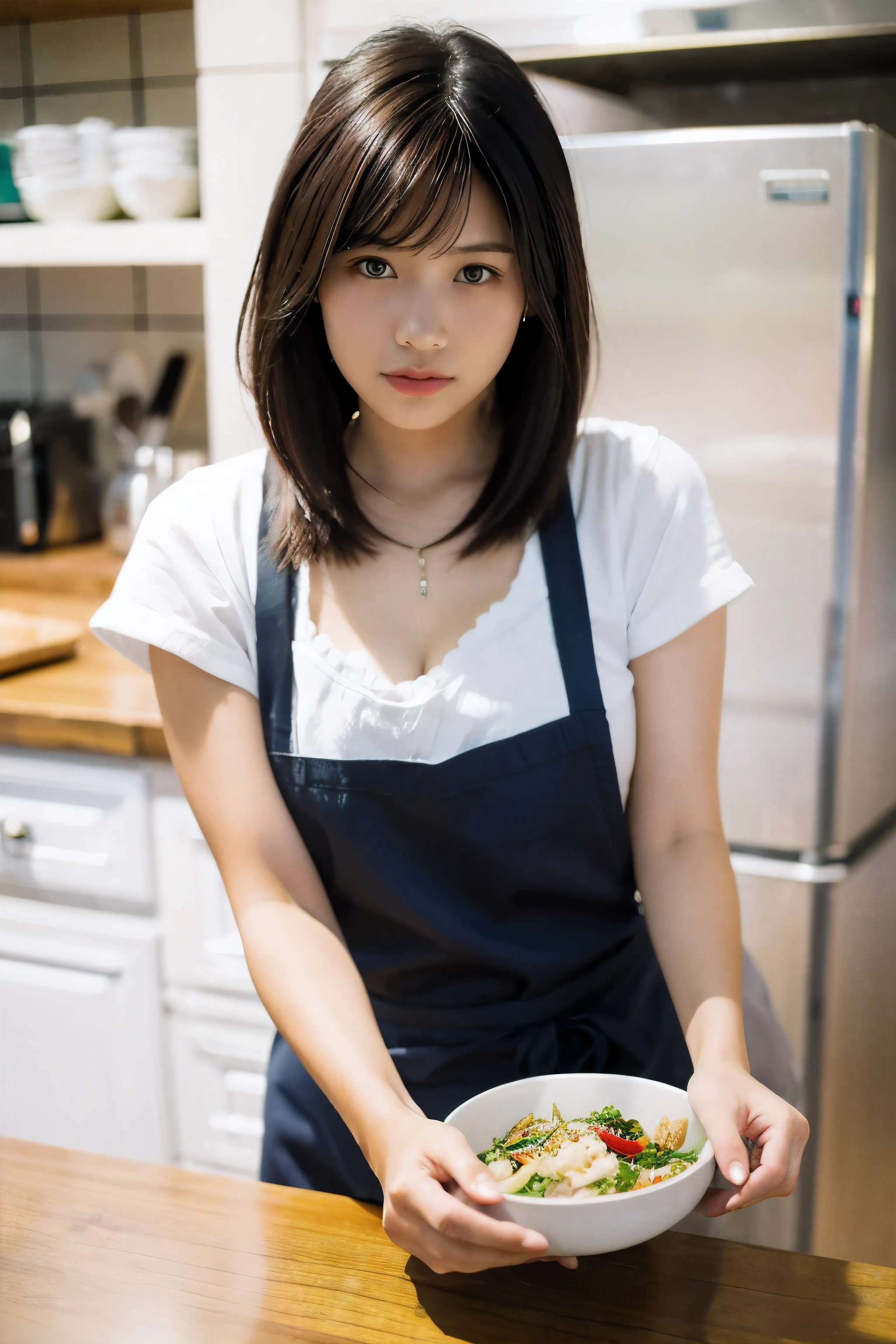 Woman wearing an apron preparing food in the kitchen with wooden countertop, gorgeous maid, white waist apron and undershirt, wearing a maid outfit, wearing an apron, Yoshitomo Nara, japanese model, More of Iwakura, sakimichan hdri, mayuri shiina, Photographed with canon 5d mk4, ( waitress ) girl,hairstyle is very short,Breast size is about G cup,