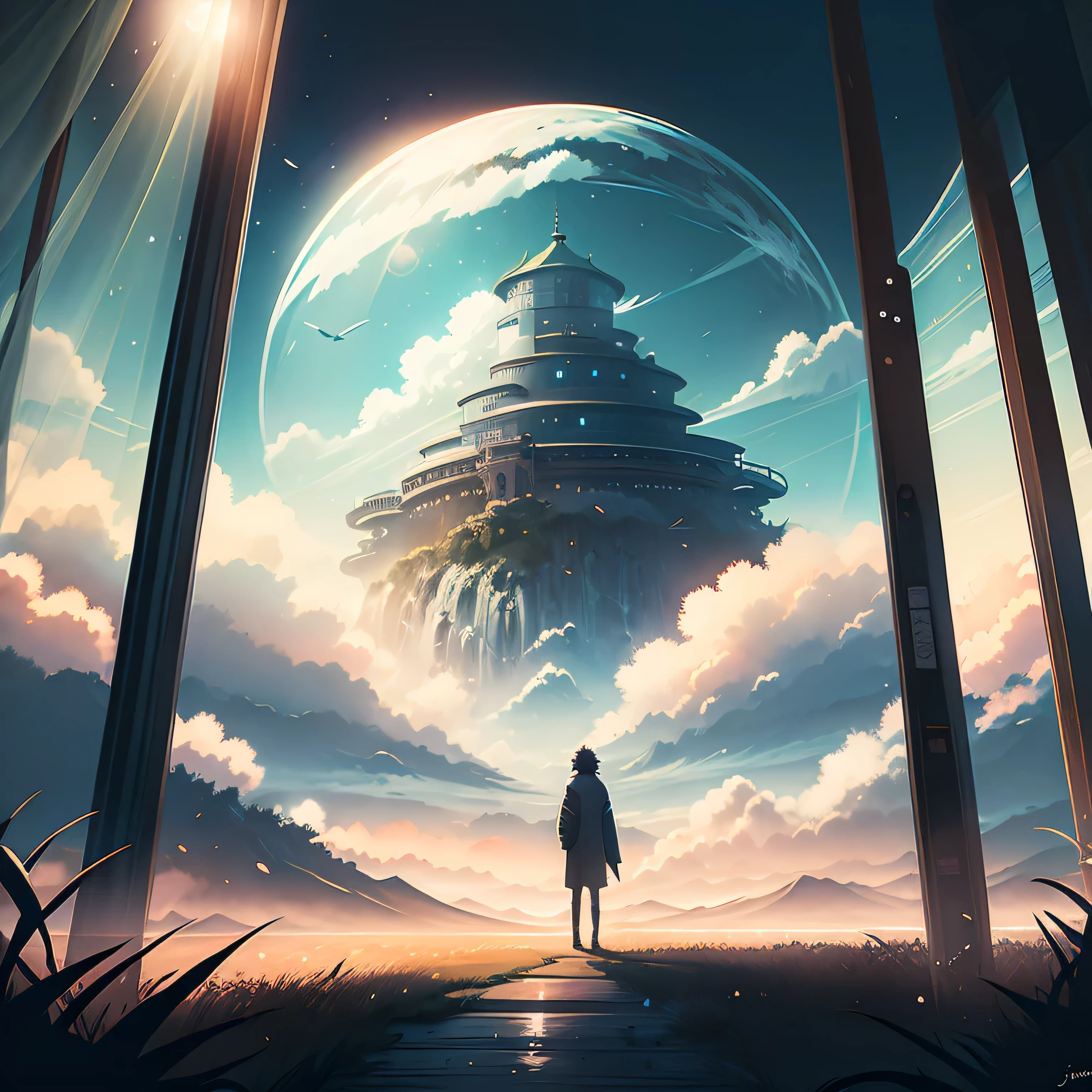 Il y a un homme debout sur un chemin qui regarde les nuages, Animated landscapes, digital painting a pagoda, detailed landscape, lively countryside landscape, Paysage japonais, paysage des studios Ghibli, made with the anime painter studio, inspired by Josetsu, beautiful animated landscape, montagnes du japon, peint dans un studio de peintre anime, campagne au japon, inspired by Makoto Shinkai, fantaisie. Ambiance paradisiaque. paradis. Nuages. Castle in the sky.