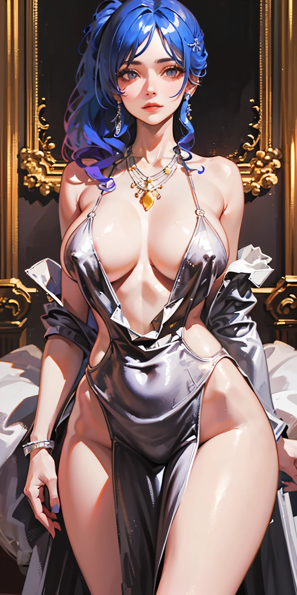 Realistic photo of a beautiful mature woman, (Michelle Pfeiffer:Aria Giovanni:0.5), (skin texture:1.1), (detailed eyes), (brown hair), (braided hair), (detailed face), (skin pores), (legs), (broad shoulders), (strong perfect body), (medium breasts), pale skin, ((high detail plunging colourful royal dress)), throne room background, facing the camera, (masterpiece), (photorealistic:1.4), RAW photo, best quality, high res, rich colors, backlight, bright sunlight, cinematic lighting, film grain, raw photo, 50mm lens, Nikon D850, cool colors