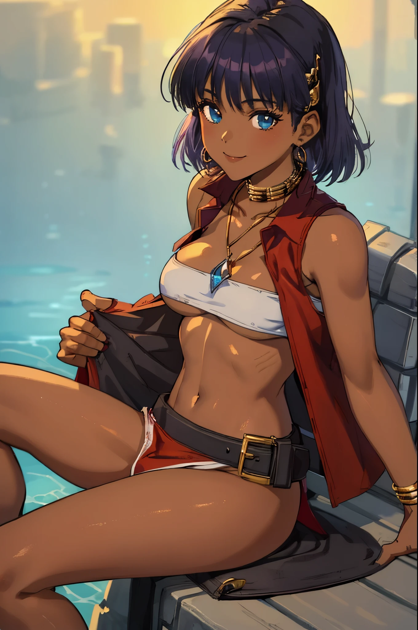 (masterpiece, highest quality;1.3), very detailed, 1 girl, alone, fine skin, looking at the viewer, black skin, smile, dark purple hair, hungry, nadia, cowboy shot, white bandeau swimsuit, red vest,Gold collar, Necklace with large light blue gemstones,sitting,