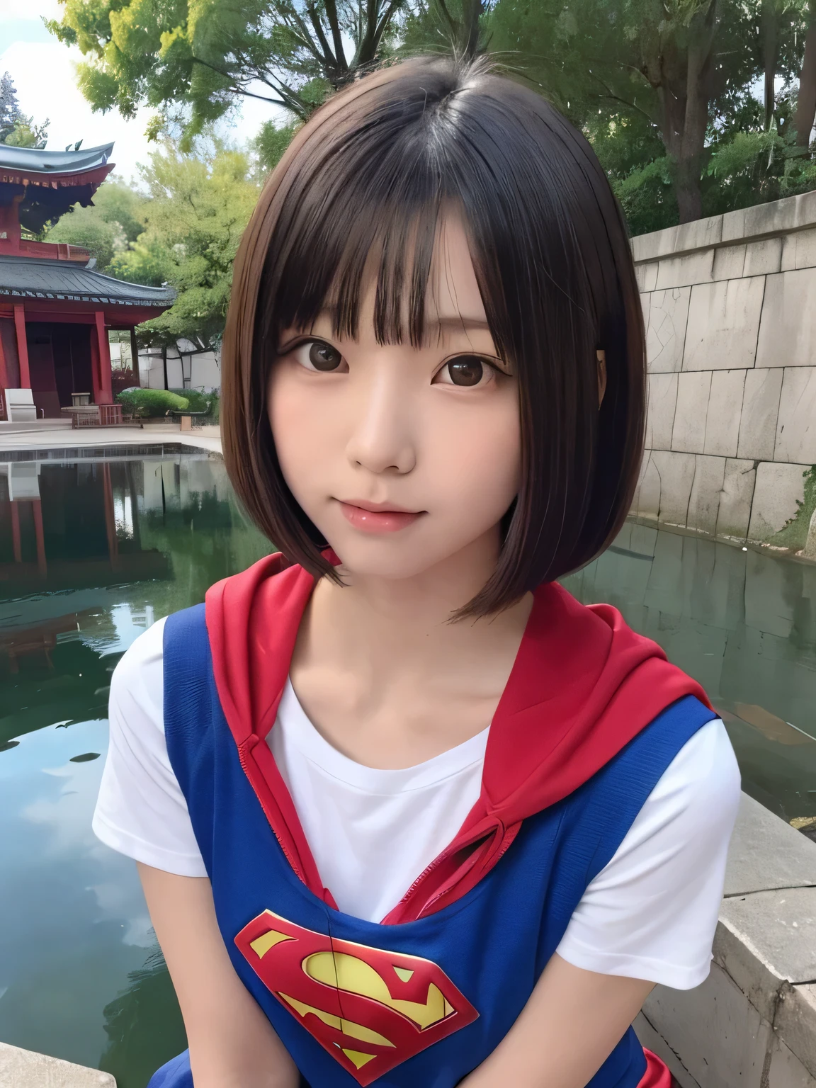  squats in a pond wearing Supergirl clothes.、Be patient with peeing、Spreading black hair、bob cut with trimmed ends、(flat chest)、lolicon、Highest、short sleeve、red cloak、(whole body)、embarrassing、10 years old、
break, extrransparency, (symmetrical eyes:1.3),
break, (temple, bell:1.3),
break, (masterpiece, Highest品質, Super detailed, 8k)