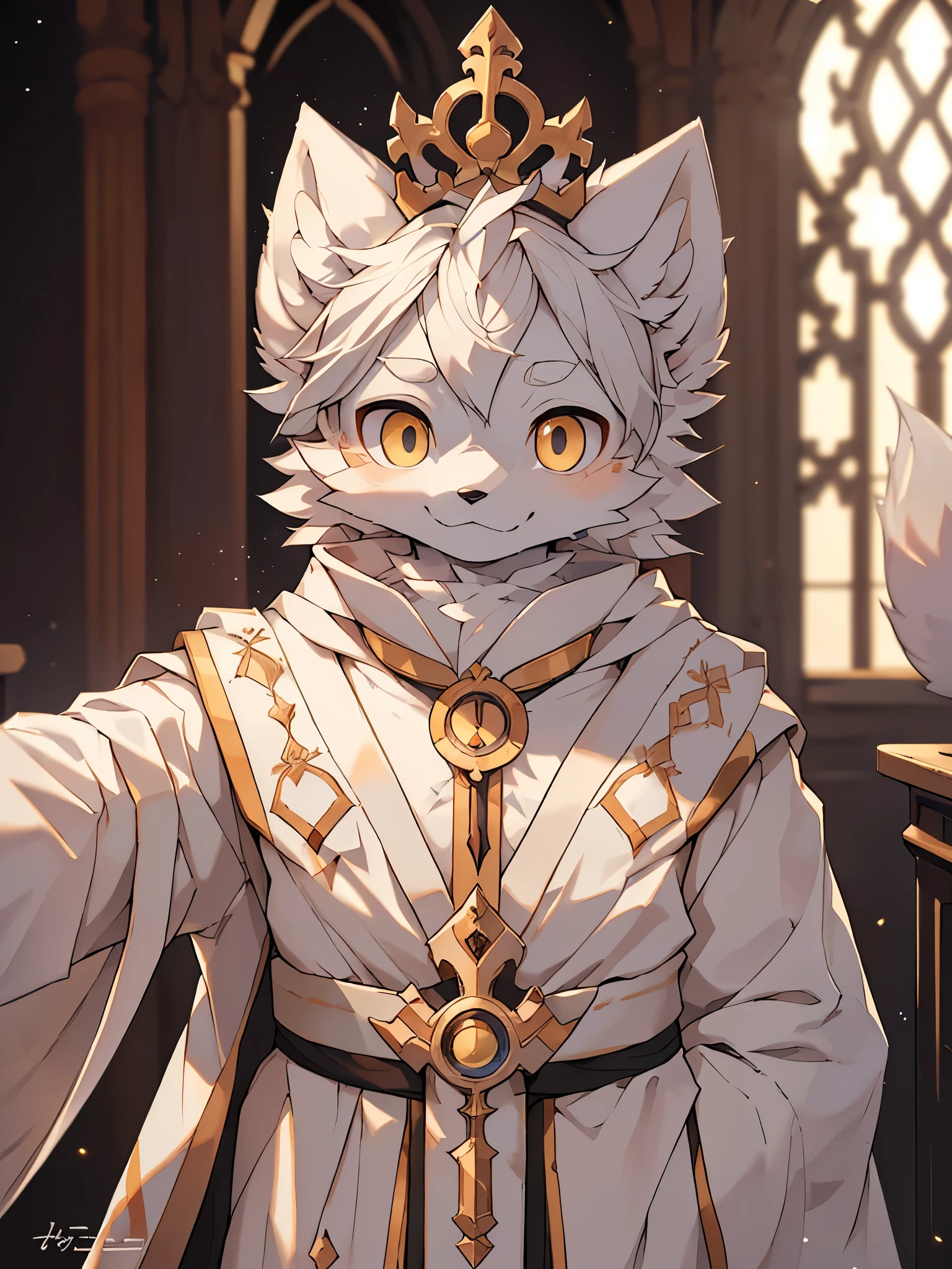 (best picture quality),(masterpiece),(((the only person))),(Super detailed),(male arctic fox:1.5), (white skin:1.3), hairy，(white fur:1.3),((golden pupils)) ,(gray ears),(hairy 动物 耳朵s)，((Wearing white religious robes)，In the church where I teach，Smile，natural lighting，complex background,Detailed face，details on face，Character focus，Detailed clothes，upper part of body，depth of field，lighting perfect，light particles，sharp focus，light particles，Eye，alone