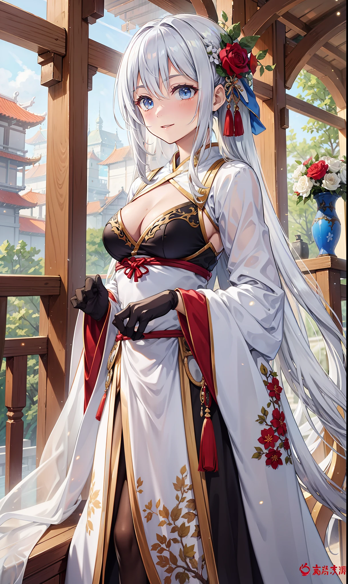 saints,Elegant and charming,Smile,in love,(Transparent colorful Hanfu,Sophisticated and gorgeous design),black gloves,silver hair,blue eyes,see through transparent clothes,Exquisite hair accessories,Transparent lace,Engraving pattern,dress nicely,The background is an old Chinese palace,Inside the hall,elegant posture,night,Carved suspender boots,Super super details,Divine magic,light particles,Exquisite and beautiful face and eyes