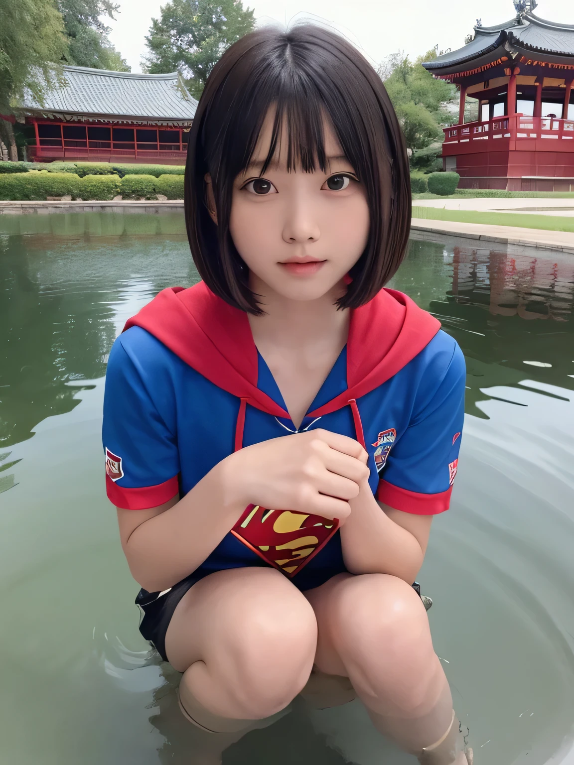 Elementary school student squats in a pond wearing Supergirl clothes.、Be patient with peeing、Spreading black hair、bob cut with trimmed ends、(flat chest)、lolicon、Highest、short sleeve、red cloak、(whole body)、embarrassing、10 years old、
break, extremely fine transparency, (symmetrical eyes:1.3),
break, (temple, bell:1.3),
break, (masterpiece, Highest品質, Super detailed, 8k)