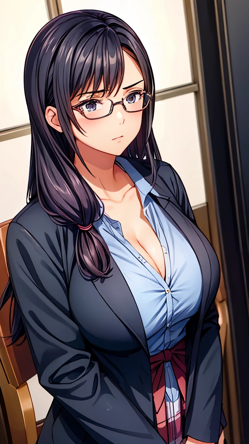 1 girl, long hair, wearing glasses, wearing a school uniform that shows her cleavage, serious face