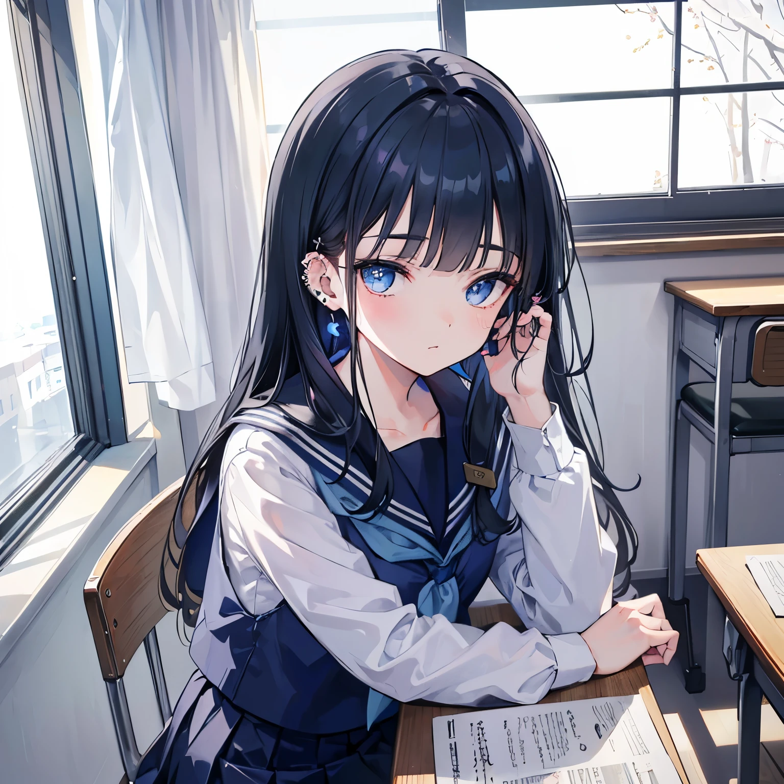 ((best quality)), ((masterpiece)), (detailed), perfect face, classroom, rearmost seat next to the window, wired earbuds, dynamic pov, piano like tapping on table, winter sailor-styled school uniform, noon, sunlight filtering through window, eyes closed, window sided hand supporting face, fair-skinned, long black hair styled into blunt bangs, piercing blue eyes