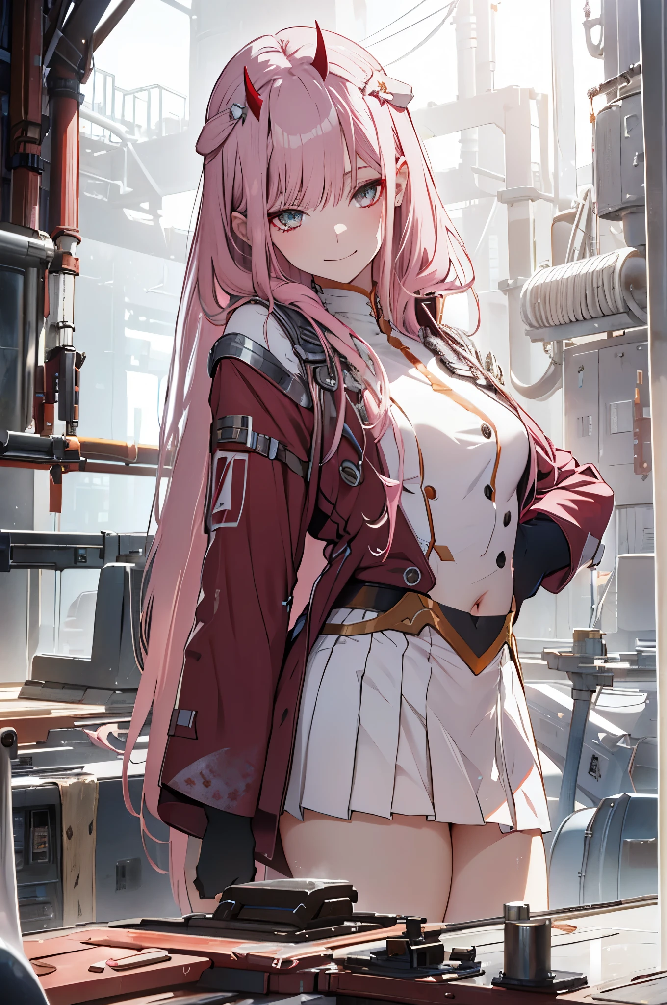 beautiful illustration、top-quality、Cute s、bedroom、pink-haired、lenght hair, red color eyes、test tube in hand、((pink pleated skirt)), (((white lab coat))), clothes covering full body、shortsleeves、a navel、bare-legged、on the beds、lovely thighs、glowing thigh, 1girl, bangs, biting, blush, covered navel, eyeshadow, hair behind head, hand on hip, smile, long hair, looking at viewer, makeup, pilot suit, red eyeshadow, science fiction, skin tight, solo, ((masterpiece)),camel toe, (breast:0.6), 8k, (thick thighs:1.3), beautiful, trap, futa, zero two, small horns
