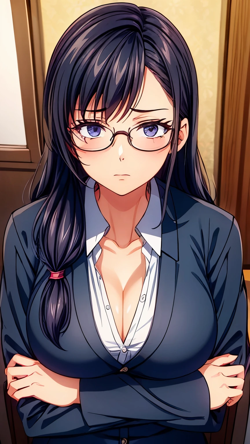1 girl, long hair, wearing glasses, wearing a school uniform that shows her cleavage, serious face
