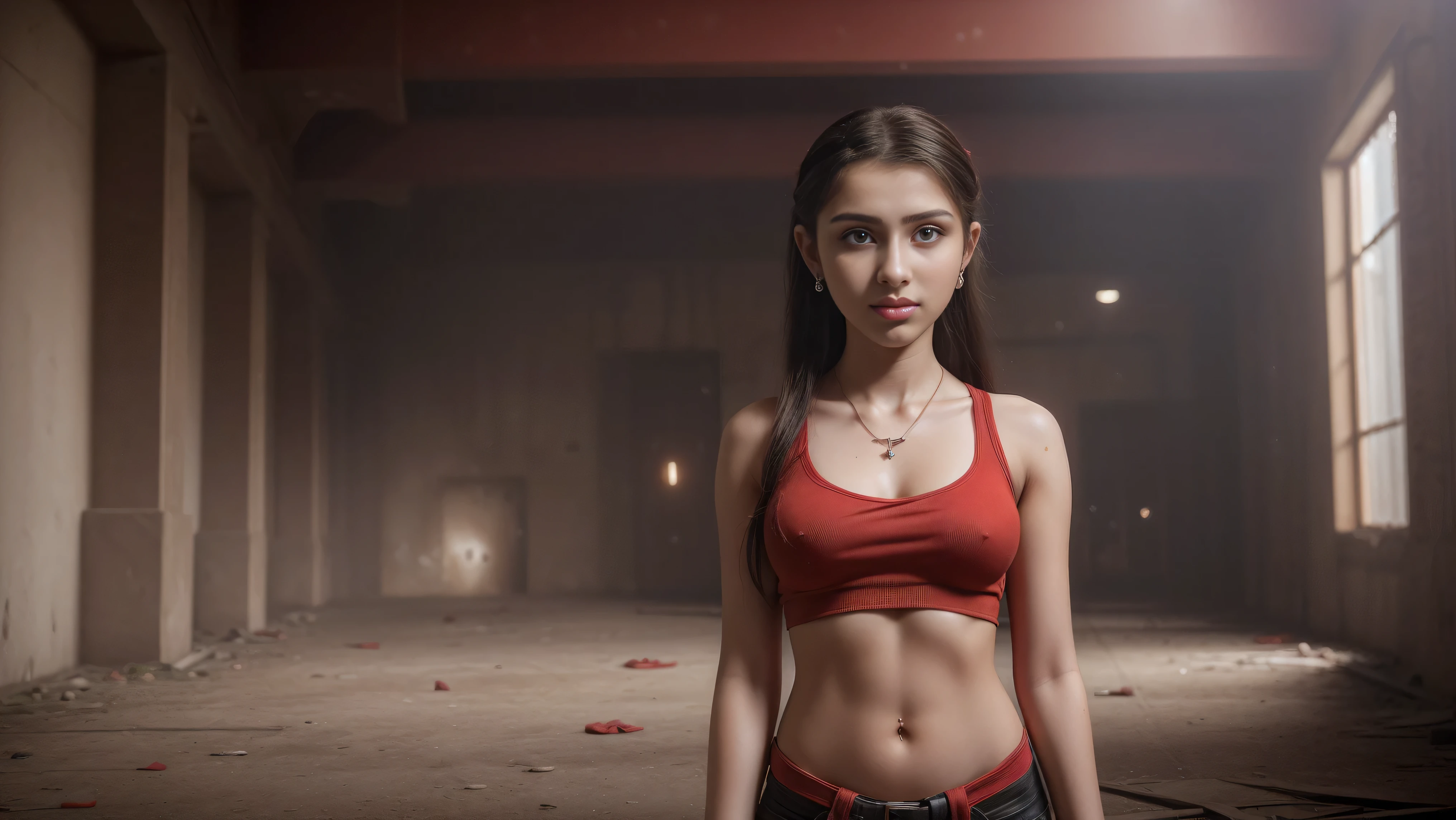 8k, masterpiece, RAW photo, best quality, photorealistic, extremely detailed CG unity 8k wallpaper, Depth of field, Cinematic Light, Lens Flare, Ray tracing, (extremely beautiful face, beautiful lips, beautiful eyes), intricate detail face, ((ultra detailed skin)), ((1girl:1.9)), (((alone:1.9))), ((17years old:1.9)), ((seductive pose)), alone in abandoned warehouse, (nobody else:2), deep shadow, (beautiful and aesthetic:1.2), (sharp focus), [(((Raiana-Elizabeth-Dilla:1.9)))], ((extremely pretty girl)), (very slim slender fit-muscled body:1.9), ((beautiful legs:1.5)), (((ultra-short ((red:1.5)) miniskirt and tank-tops with punk-grunge-style))), ((grunge ambience,post-apocalyptic,industrial,urban,rusty metal beams,cracked concrete floor,rock music,high energy)), beautiful earrings, bracelets, necklace, red pendant, clear eyes, (pale skin), ((whole-body-view:1.9)), ((full-body:1.9, cinematic shot)), soft lighting, (long dark-black hairs), (looking at viewer:1.8), cleavage breasts, (large breasts:1.4), highly detailed, ultra realistic, extremely detailed and realistic ((red:1.5)) clothes.