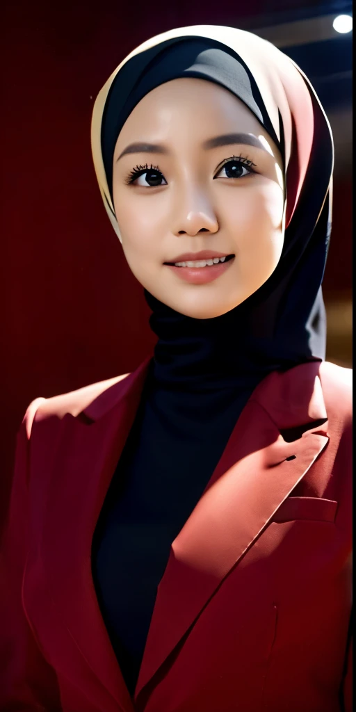 indonesian, hijab, formal photo, 3x4, pas photo, red background. symmetric, office suit, no hair exposed, 4k, 85mm lens