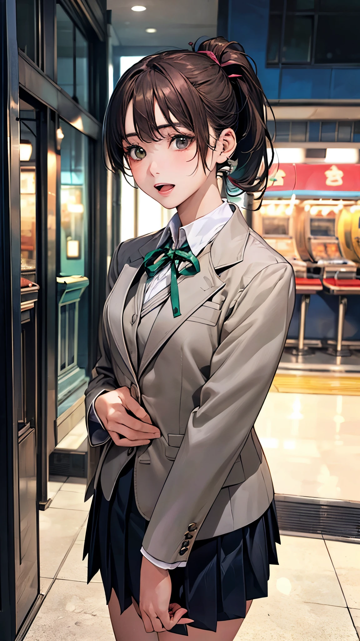 (masterpiece:1.2, top-quality), (realistic, photorealistic:1.4), beautiful illustration, (natural side lighting, movie lighting), 
looking at viewer, 1 girl, japanese, high dchool girl, 14 years old, perfect face, perfect body, cute and symmetrical face, shiny skin, babyface, tiny, 
(short hair:1.5, low ponytail:1.6, long sideburns, light brown hair), asymmetrical bangs, dark green eyes, drooping eyes, (middle breasts, seductive thighs, big ass), 
beautiful hair, beautiful face, beautiful detailed eyes, beautiful clavicle, beautiful body, beautiful chest, beautiful thigh, beautiful legs, beautiful fingers, 
(((white school blazer, closed blazer), gray collared shirt, navy blue box pleated skirt), violet neck ribbon, emerald green hair ribbon), 
(beautiful scenery), evening, (outside amusement arcade), standing, hand on chest, (frightened, open mouth small), 